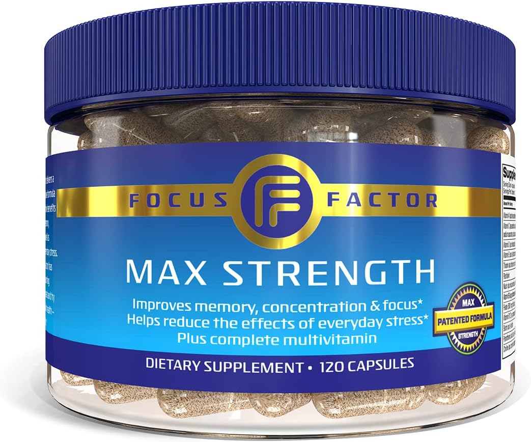 Focus Factor Max Strength Brain Supplement for Memory, Concentration  Focus, 120 Count - Complete Multivitamin with DMAE, White, 120 Count - Max Strength