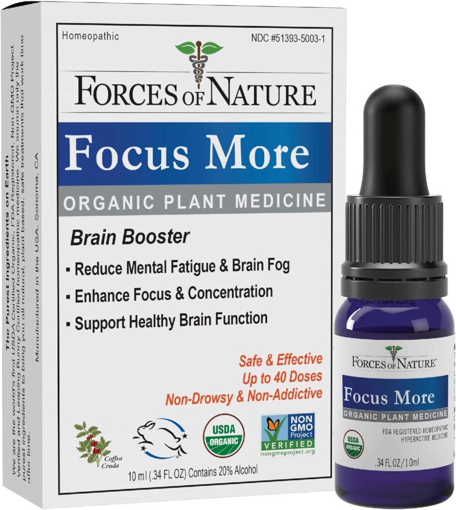 Forces of Nature, Natural and Organic Focus More (10ml), Non Drowsy, Non Addictive, Non GMO, Promote Increased Focus, Attention, Concentration, Creativity, and Mental Clarity
