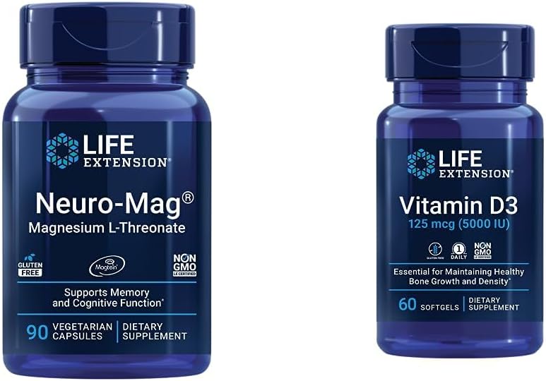 Life Extension Neuro-mag Magnesium L-threonate and Vitamin D3 Supplement Bundle for Brain, Bone and Immune Health