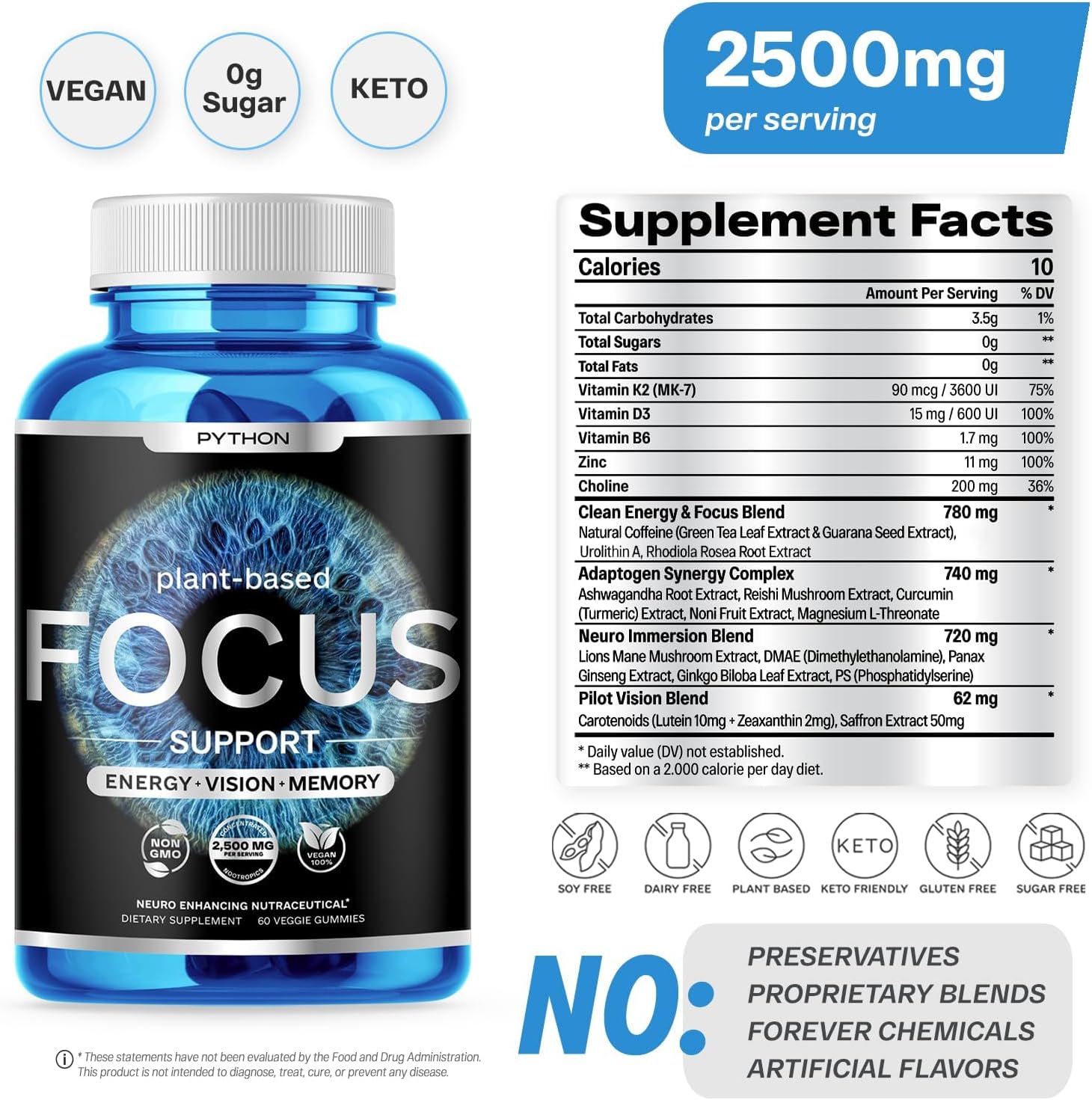 Python Focus Brain Health Supplement - Memory and Concentration Boost Nootropic - AREDS 2 Eye + Brain Vitamin  Mineral Gummies with Lions Mane, Lutein, Urolithin-A, D3, K2  B6, Zinc, 60 Vegan Chews