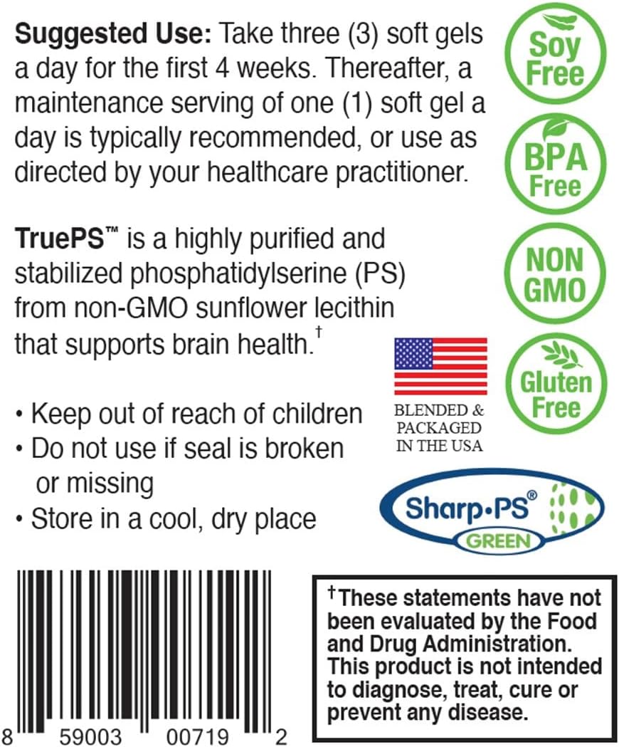 NatureCity True-PS Soy Free Stabilized Phosphatidylserine 100mg Brain Supplements for Memory and Focus - Memory Pills for Brain - Brain Health Supplements for Adults (30 SoftGels)