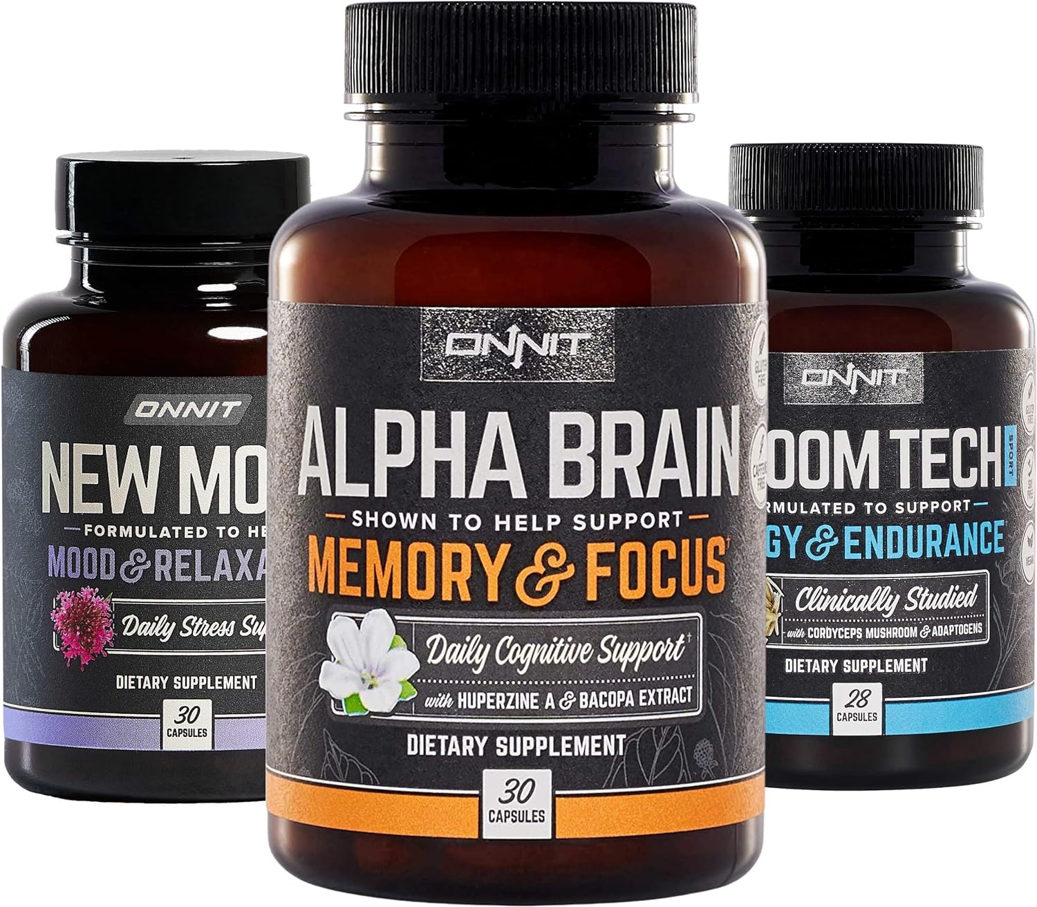 ONNIT Nootropic Stack - Alpha Brain (30ct) + New Mood (30ct) + Shroom Tech Sport (28ct)