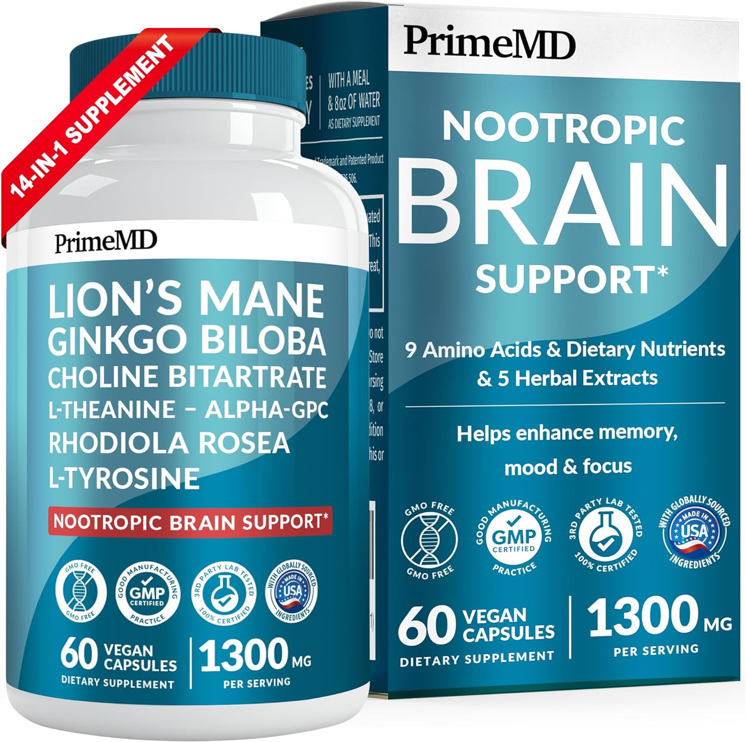 14-in-1 Lions Mane Supplement Capsules - Nootropic Brain Supplement with Ginkgo Biloba for Brain Support, Memory and Focus - Alpha GPC, L Theanine and Choline Supplements with 1300mg Per Serving