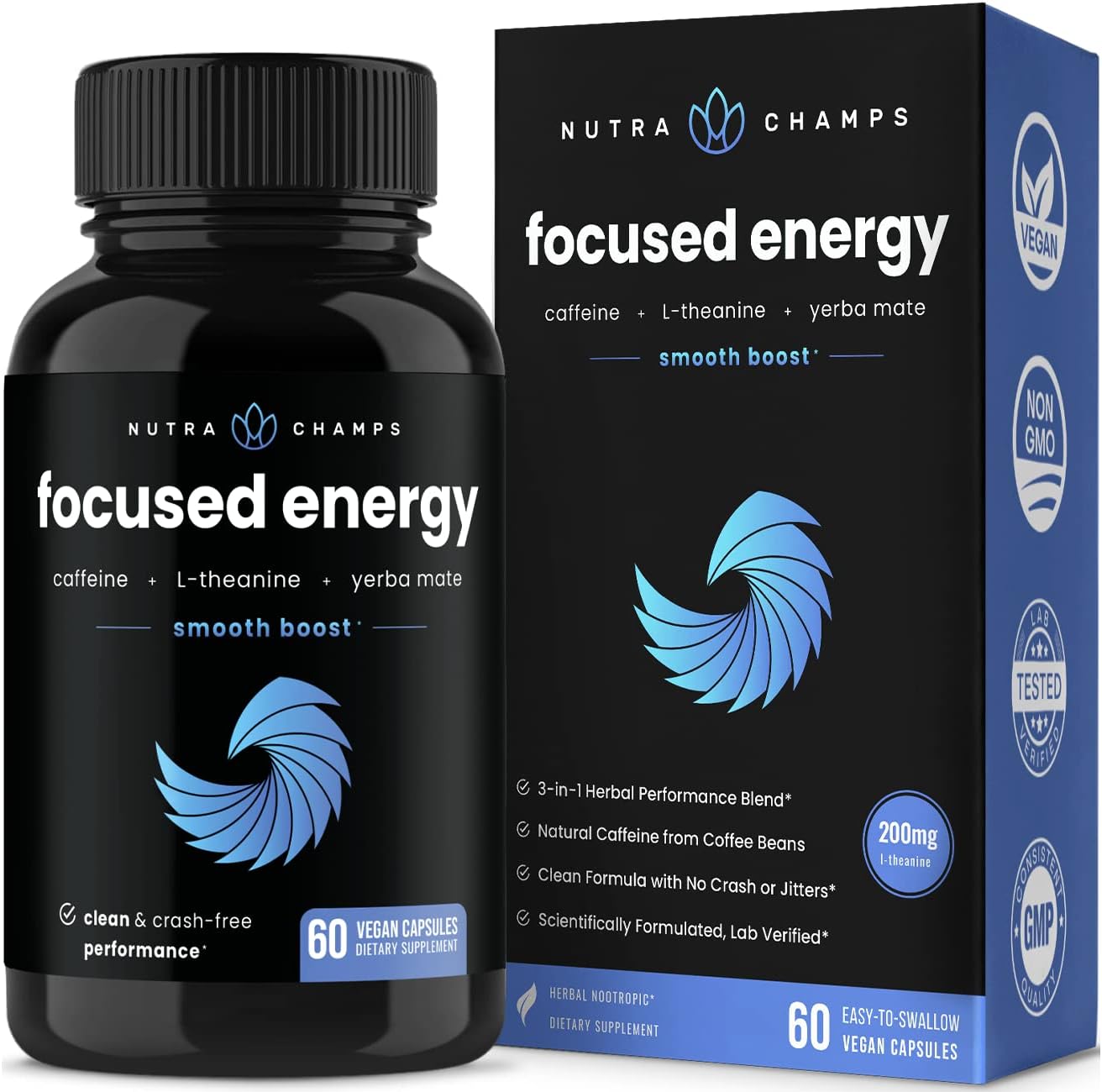 Caffeine Pills with L-Theanine for Focused Energy | Smooth  Clean Energy Supplement for Focus  Performance | No Crash, No Jitters | Nootropic Brain Booster with Yerba Mate | 60 Vegan Energy Pills