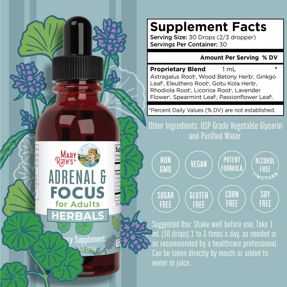 MaryRuth Organics Adrenal  Focus Support Drops  Vegan Omega 3 Gummies for Adults Bundle | Vitamin C  E, Flaxseed Oil | Immune Support, Brain Health, Memory Support | Sugar Free, No Fish Taste