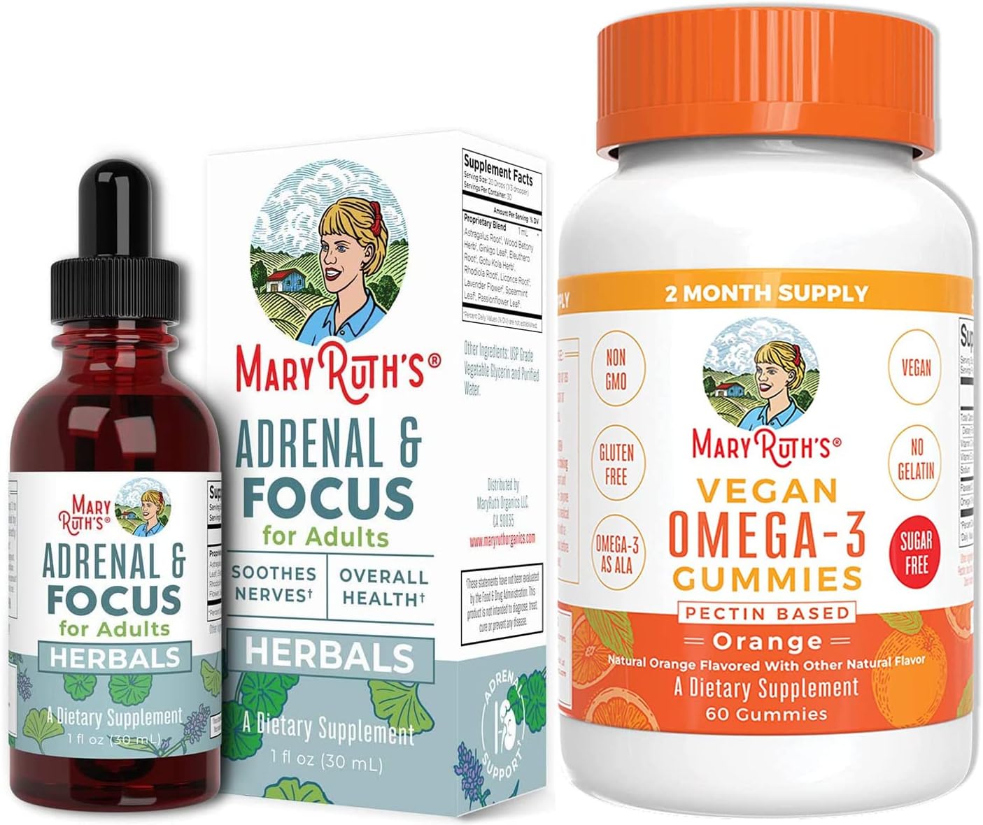 MaryRuth Organics Adrenal  Focus Support Drops  Vegan Omega 3 Gummies for Adults Bundle | Vitamin C  E, Flaxseed Oil | Immune Support, Brain Health, Memory Support | Sugar Free, No Fish Taste