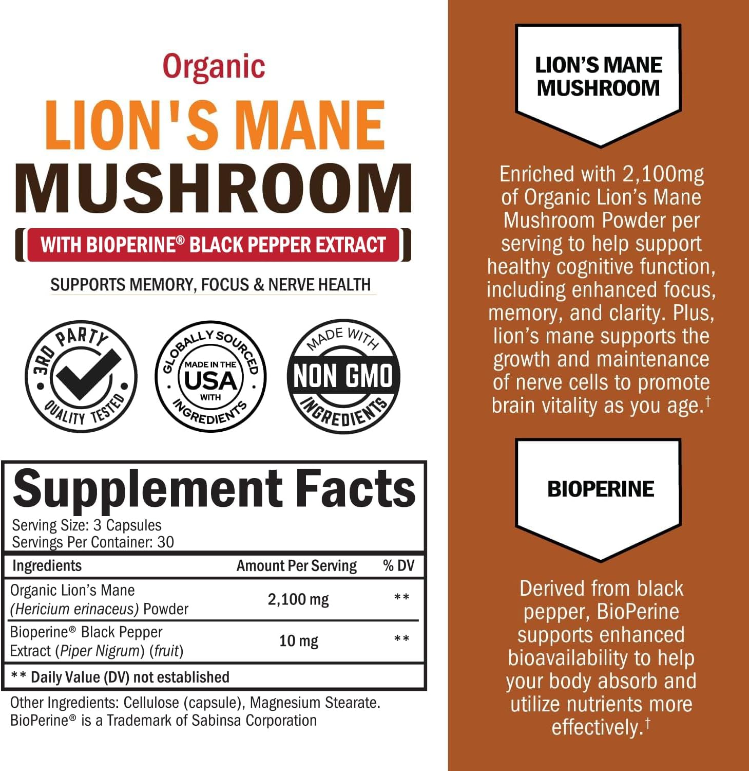 Organic Lions Mane Supplement Capsules (90 Count) 2100mg Lions Mane Mushrooms with BioPerine for Max Absorption, Active Compound Verified, Natural Nootropic Brain Supplements for Memory and Focus