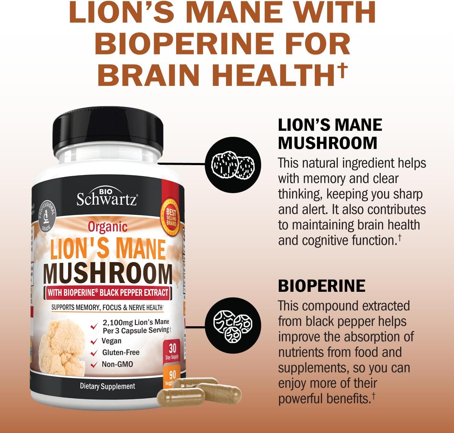 Organic Lions Mane Supplement Capsules (90 Count) 2100mg Lions Mane Mushrooms with BioPerine for Max Absorption, Active Compound Verified, Natural Nootropic Brain Supplements for Memory and Focus