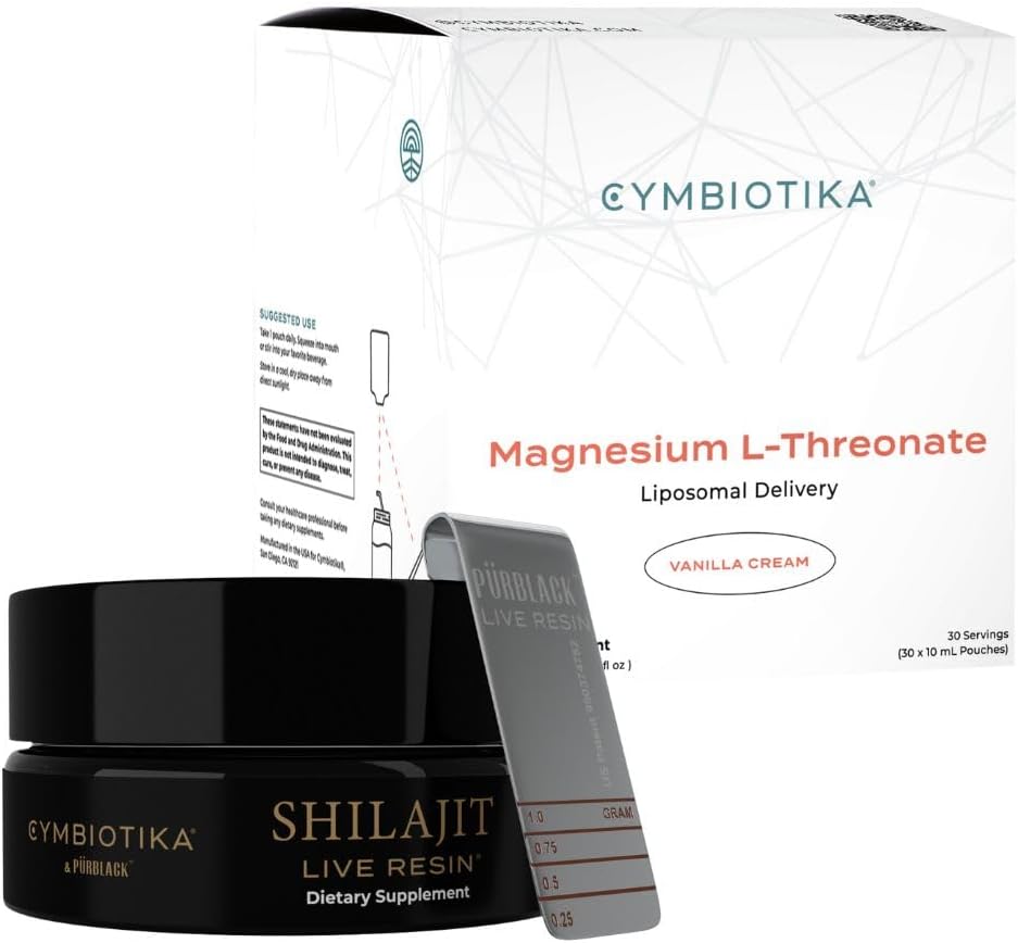 CYMBIOTIKA Liposomal Magnesium L-Threonate  Pure Shilajit Resin Bundle, Focus Memory Brain Support, 84+ Trace Minerals, Digestive  Immune Supplement