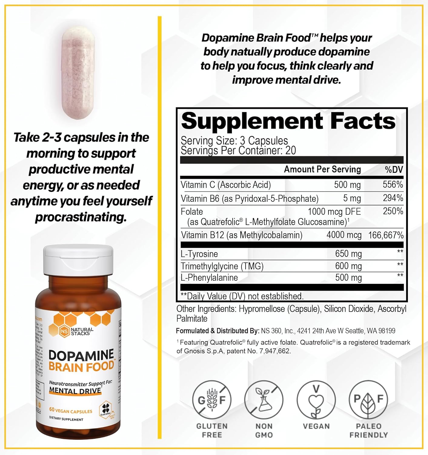 NATURAL STACKS Neurofuel Nootropic + Dopamine Brain Food Bundle - Supports Memory, Motivation  Focus* - 105 Capsules