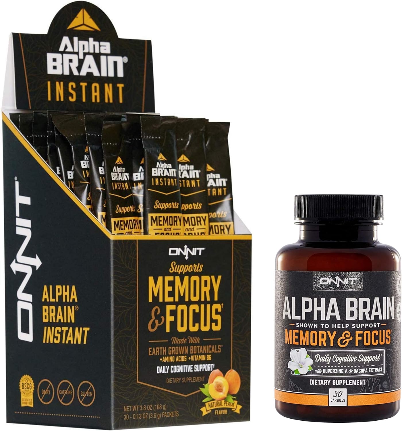 ONNIT Nootropic Stack - Alpha Brain Capsules (30ct) + Alpha Brain Instant - Natural Peach (30ct)