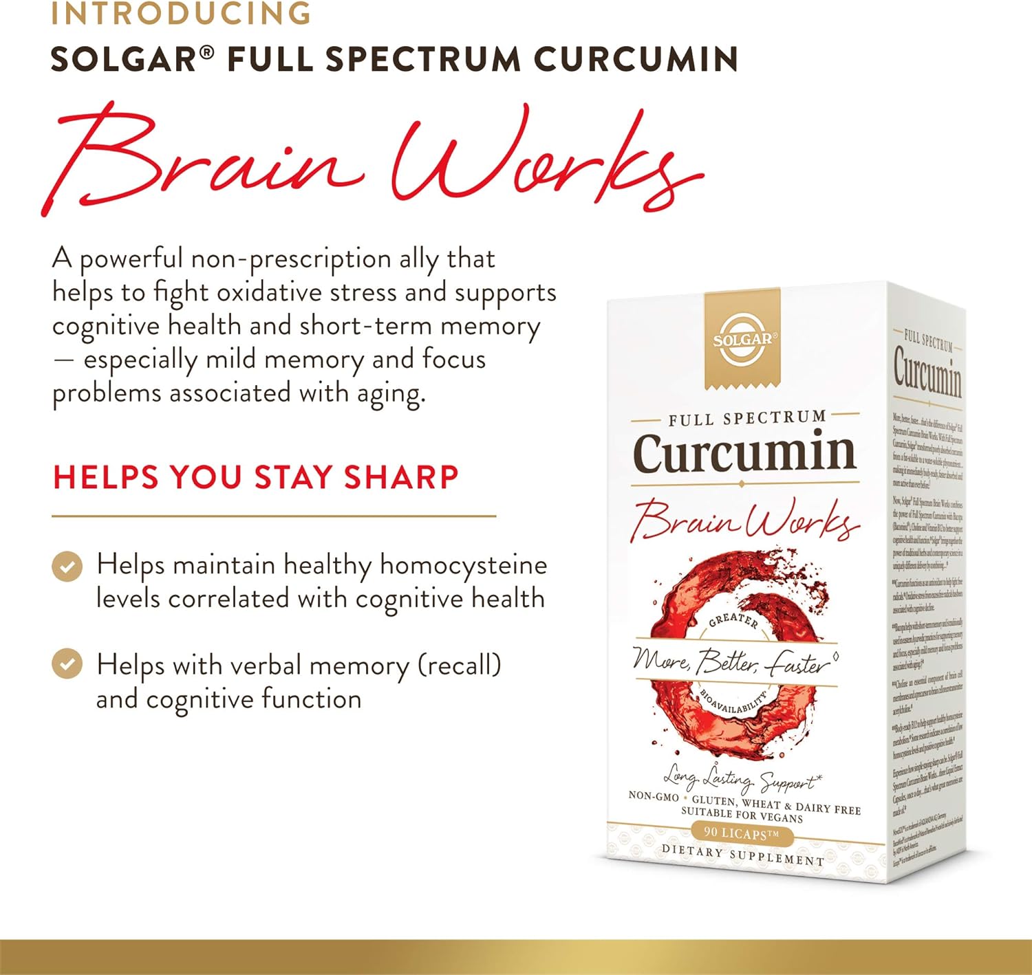 Solgar Full Spectrum Curcumin Brain Works, 90 Licaps - Support Memory Recall, Focus, Cognitive Function - Antioxidant Support - Curcumin, BacoMind, Choline, Vitamin B12 - Non-GMO, Vegan - (Pack of 2)