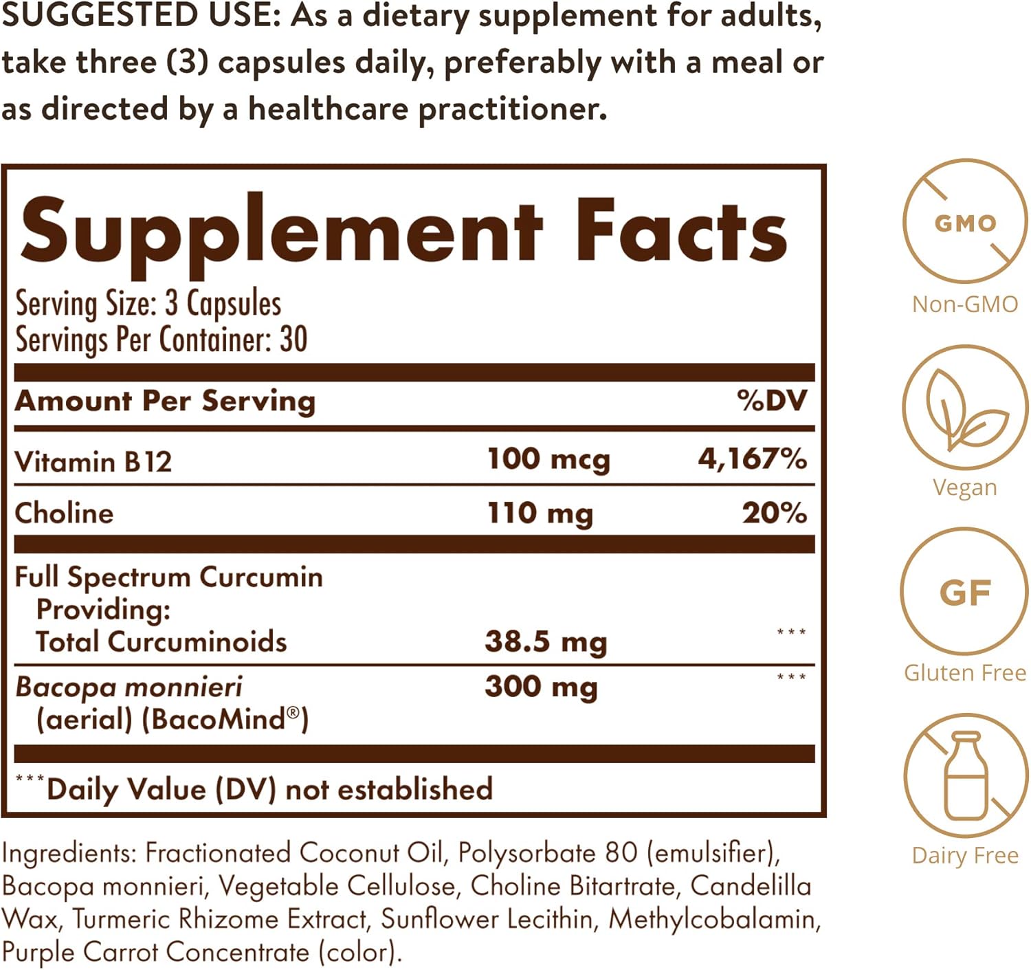 Solgar Full Spectrum Curcumin Brain Works, 90 Licaps - Support Memory Recall, Focus, Cognitive Function - Antioxidant Support - Curcumin, BacoMind, Choline, Vitamin B12 - Non-GMO, Vegan - (Pack of 2)