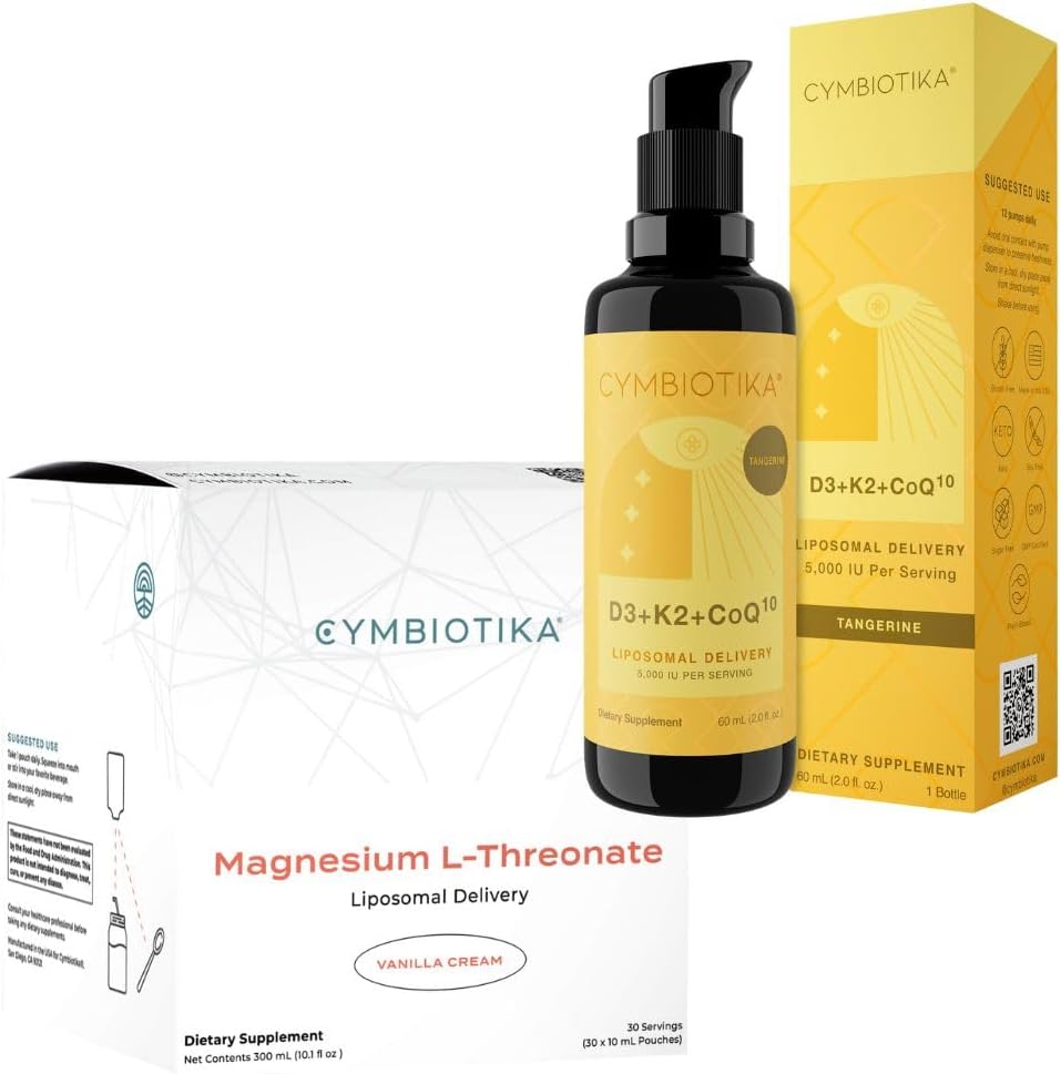 CYMBIOTIKA Liposomal Magnesium L-Threonate  Vitamin D3 + K2 + CoQ10 Bundle, Focus Memory Brain Support, Immune Support, Heart Health  Bone Health, Energy Booster, Vegan, Keto