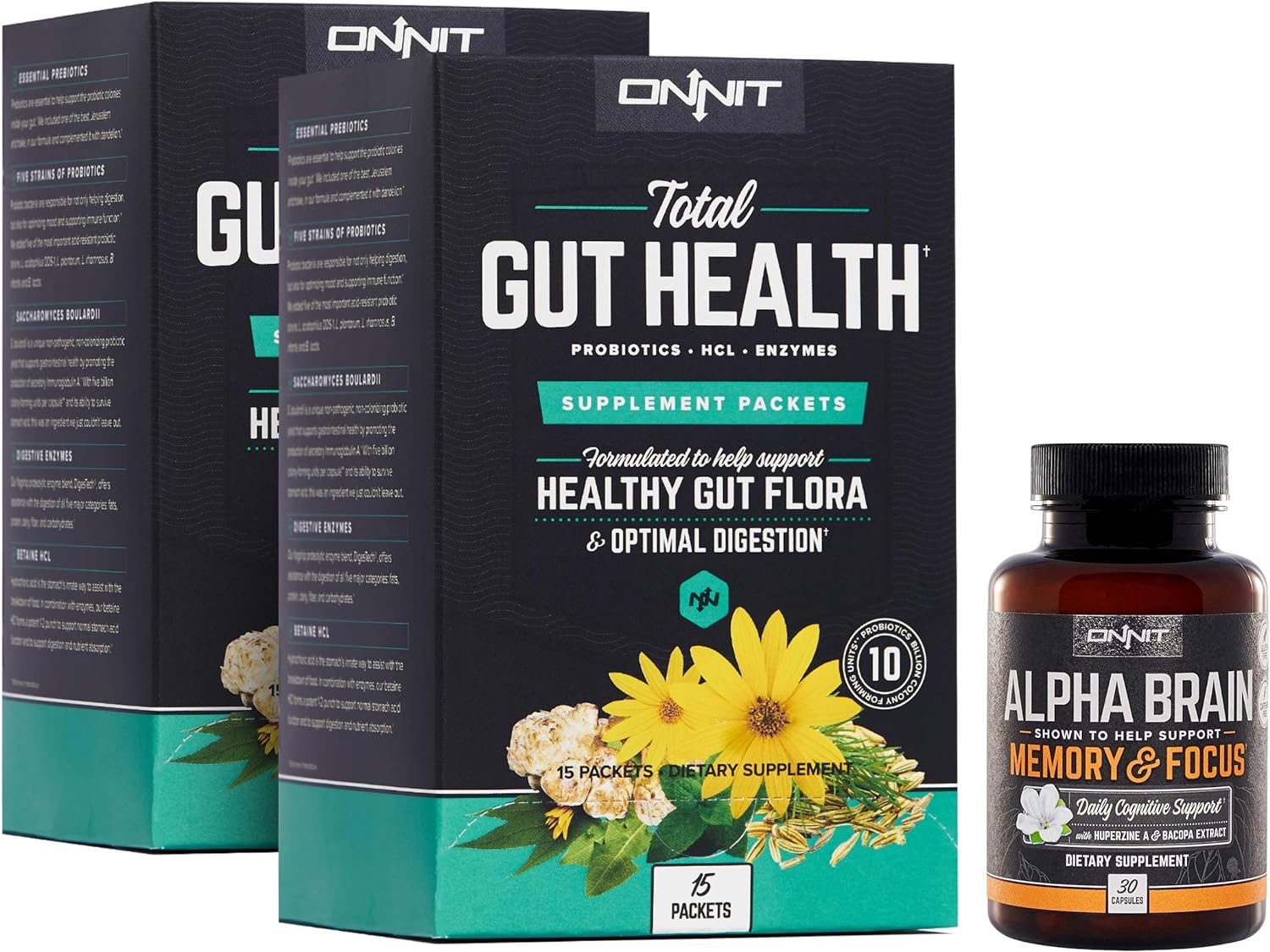 ONNIT Brain + Gut Optimizaton Stack - Includes Alpha Brain (30ct) + Total Gut Health (30ct)