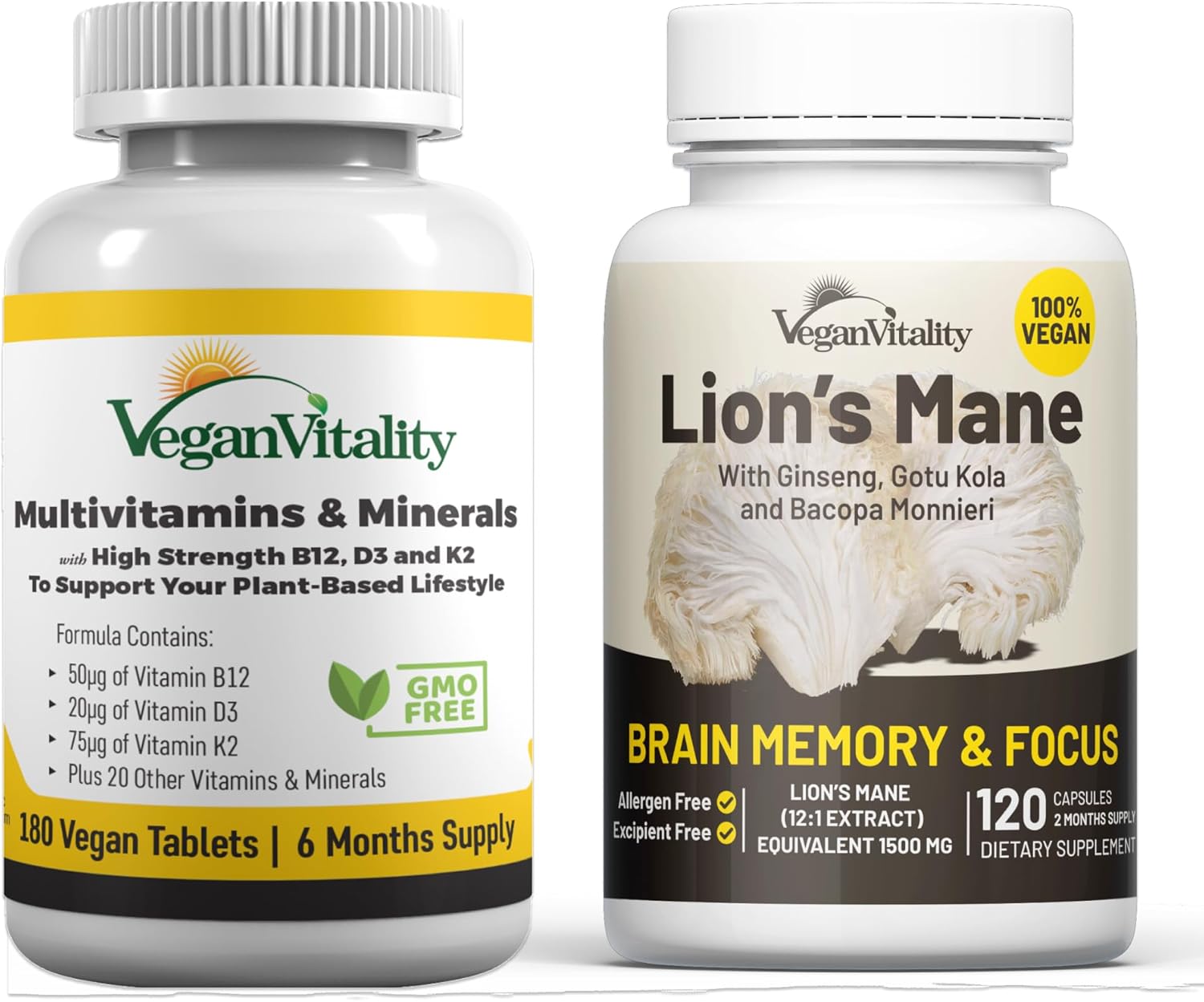 Vegan Vitality Brain Nutrition Bundle - Lions Mane Nootropic Capsules and Vegan Multivitamins. High Strength Plant-Based Supplements for Memory and Focus and Overall Health for Vegans and Vegetarians