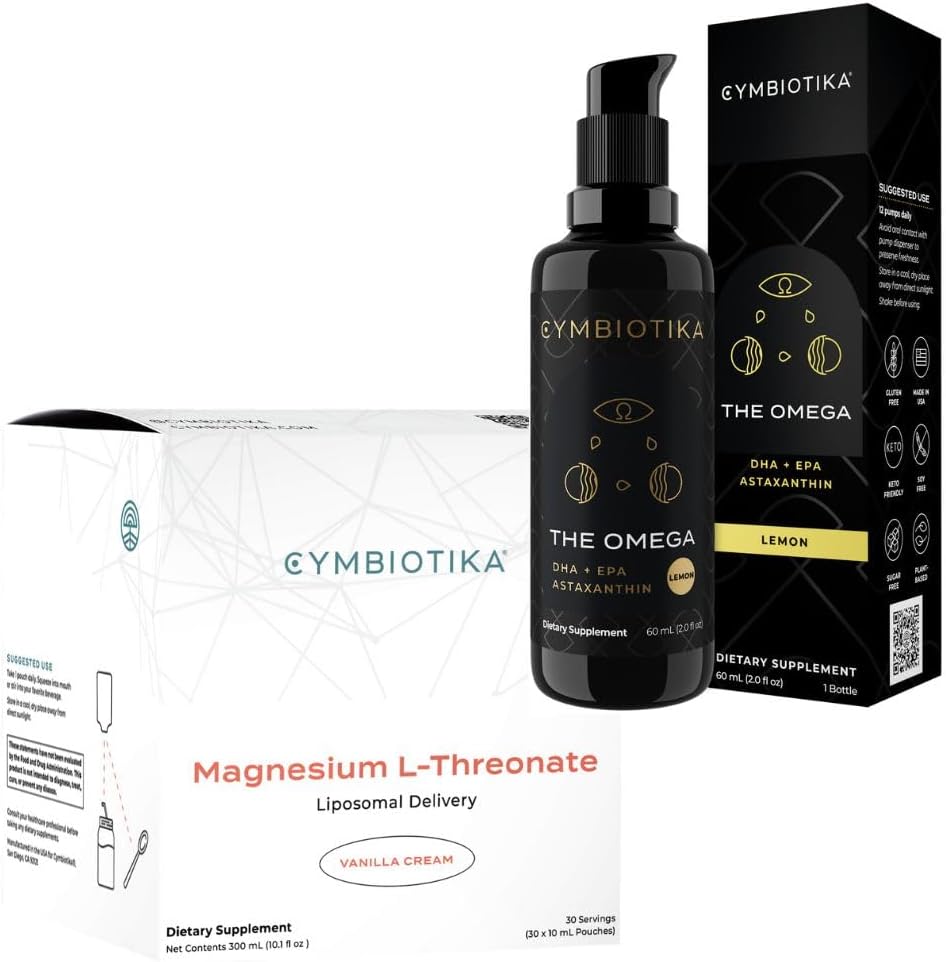 CYMBIOTIKA Liposomal Magnesium L-Threonate  DHA Vegan Omega 3 Bundle, Focus Memory Brain Support, Magnesium Supplement for Sleep, High Absorption, upports Brain Development, Vision  Heart Health