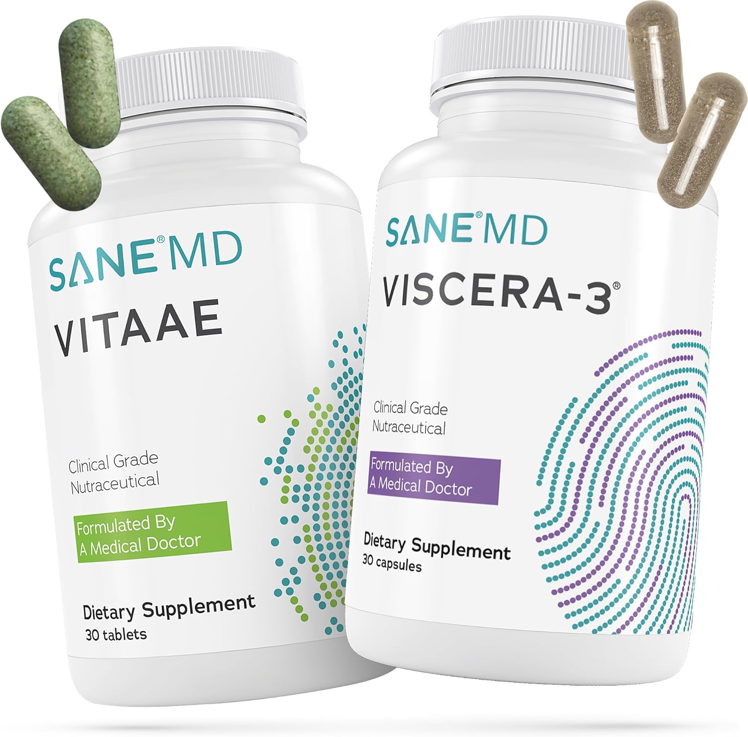 SANE - Viscera 3 POSTbiotics Sodium Butyrate Supplement with Tributyrin and Vitaae Brain Supplements for Memory and Focus with Citicoline Bundle