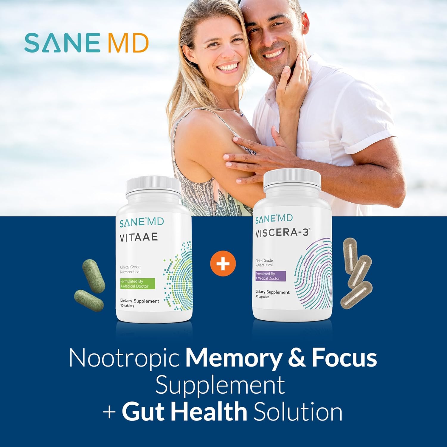 SANE - Viscera 3 POSTbiotics Sodium Butyrate Supplement with Tributyrin and Vitaae Brain Supplements for Memory and Focus with Citicoline Bundle