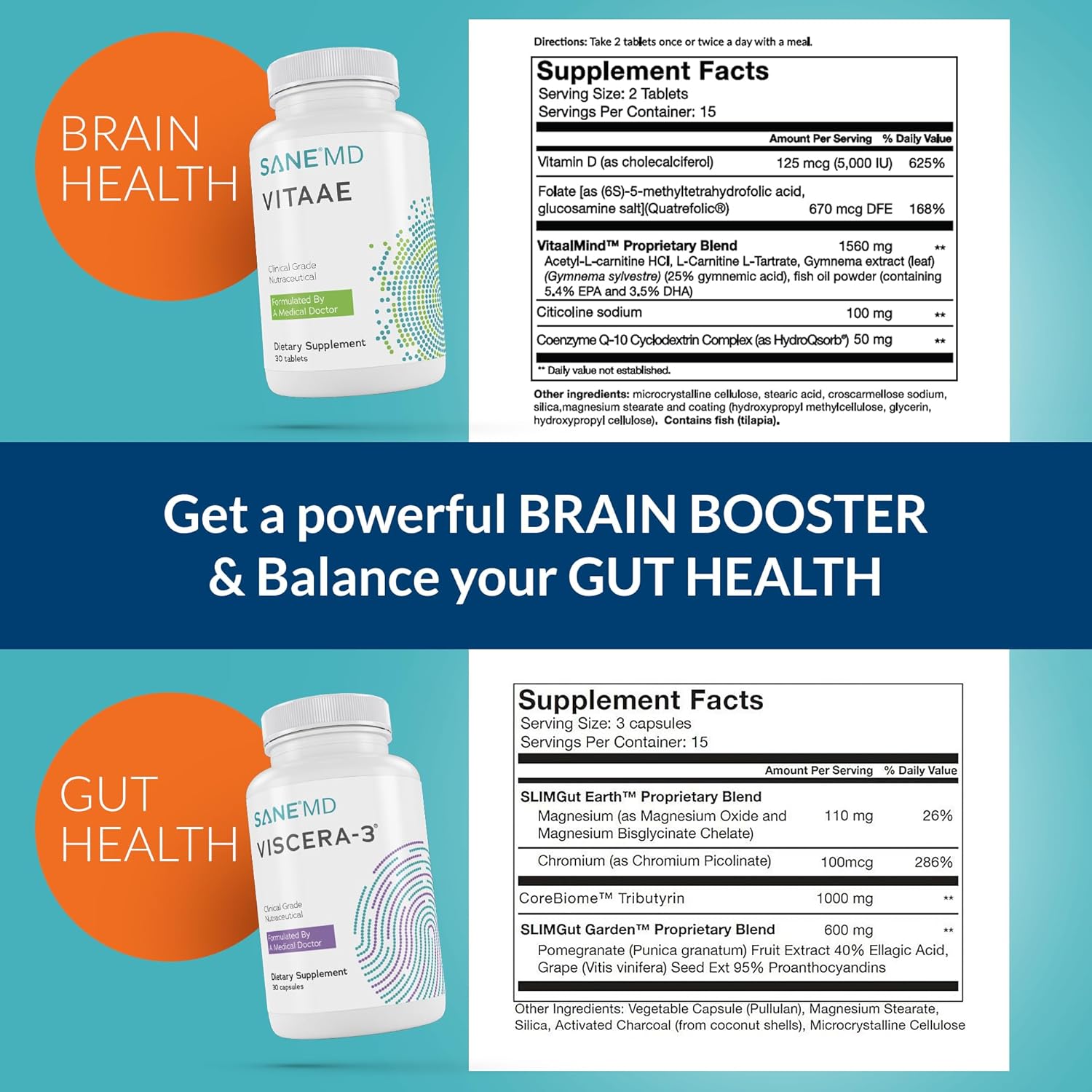 SANE - Viscera 3 POSTbiotics Sodium Butyrate Supplement with Tributyrin and Vitaae Brain Supplements for Memory and Focus with Citicoline Bundle