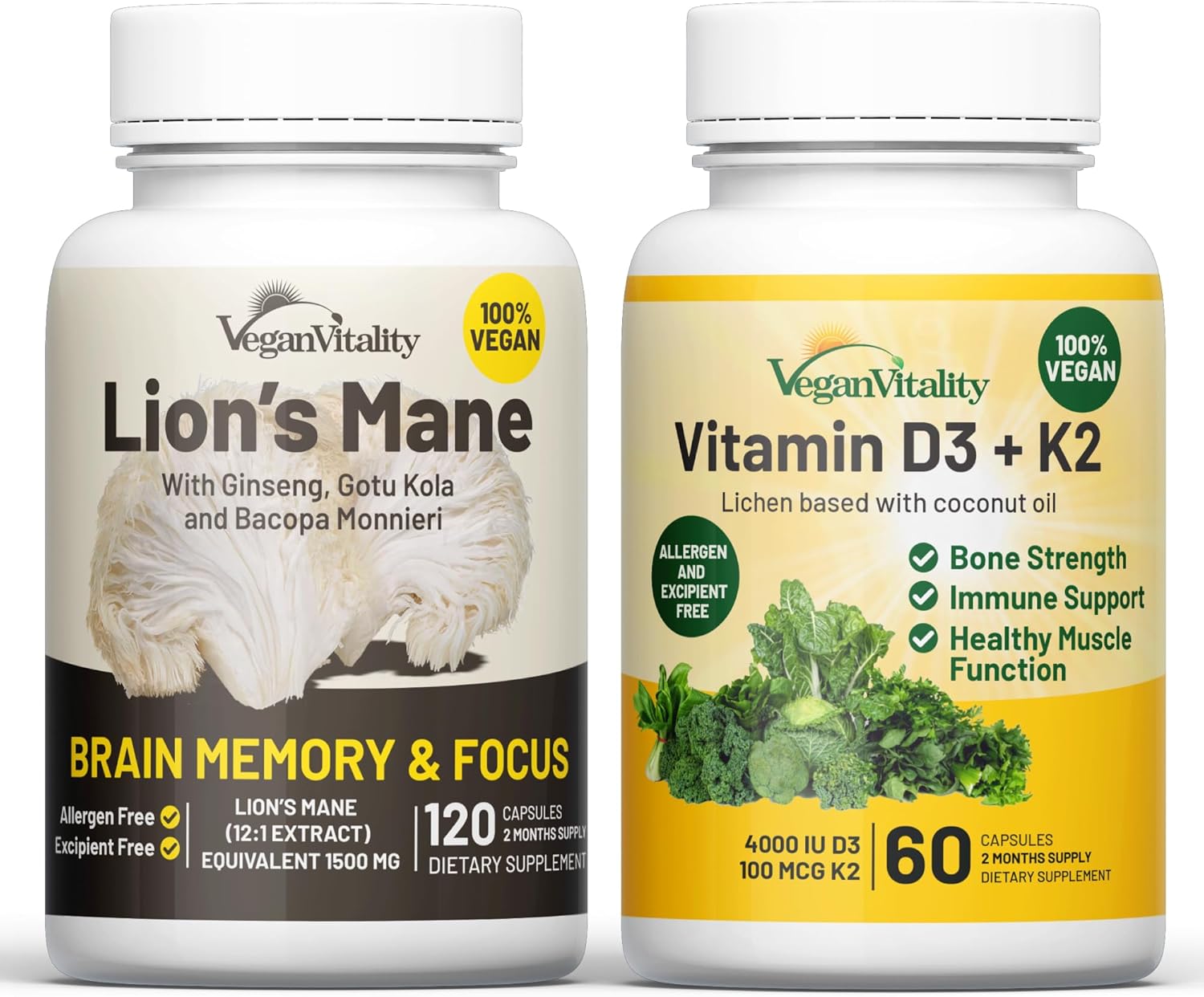 Vegan Vitality Brain  Body Balance Bundle: 120 Lions Mane Mushroom Nootropic Brain Support Supplement and 60 Vegan Vitamin D3 + K2 4000IU (100mcg)