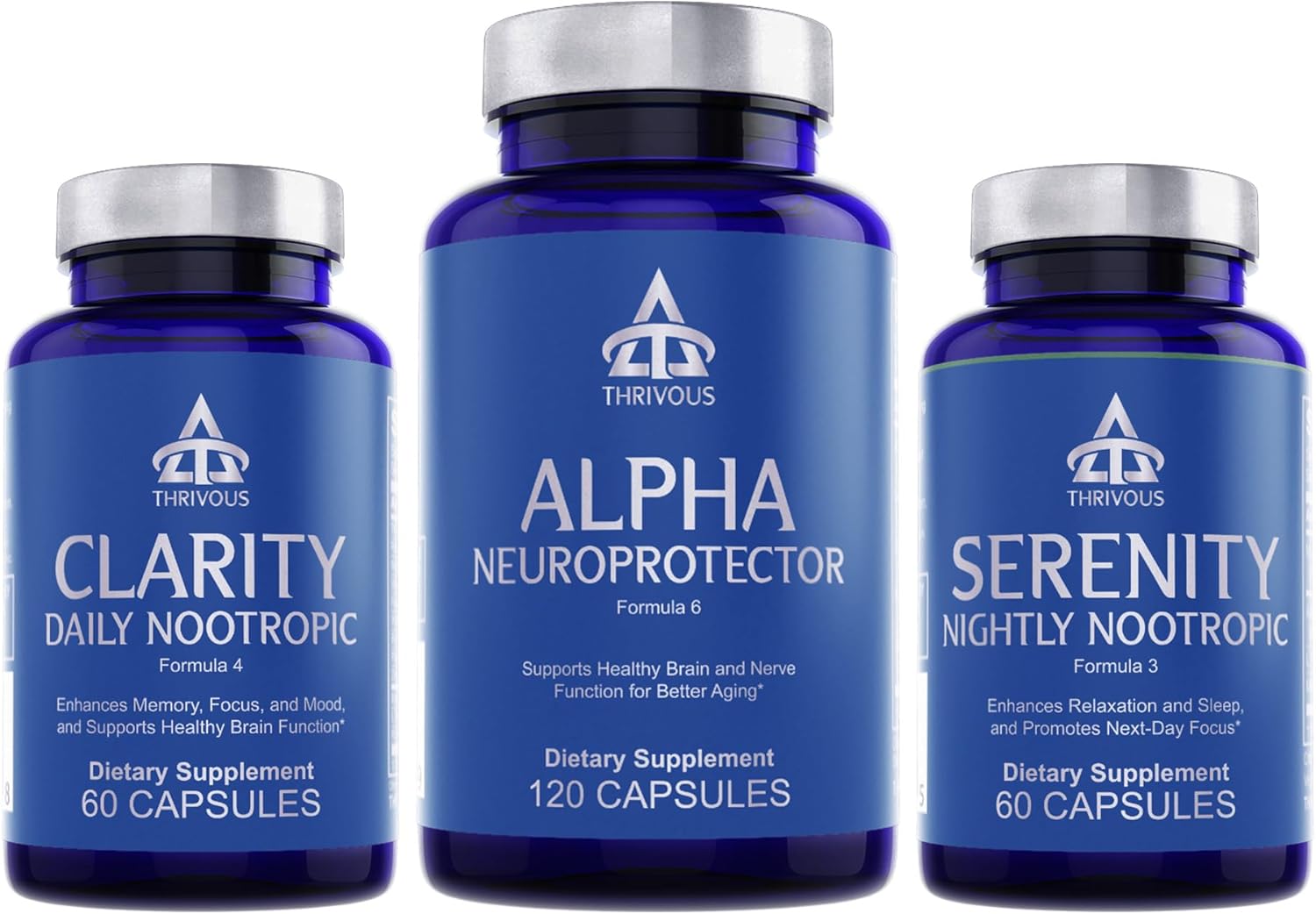 Thrivous Nootropic Stack - Enhance Memory, Sleep  Brain Function for Better Aging - Advanced Nootropic Supplement - Includes Clarity, Alpha  Serenity - 3 Bottles - 240 Capsules