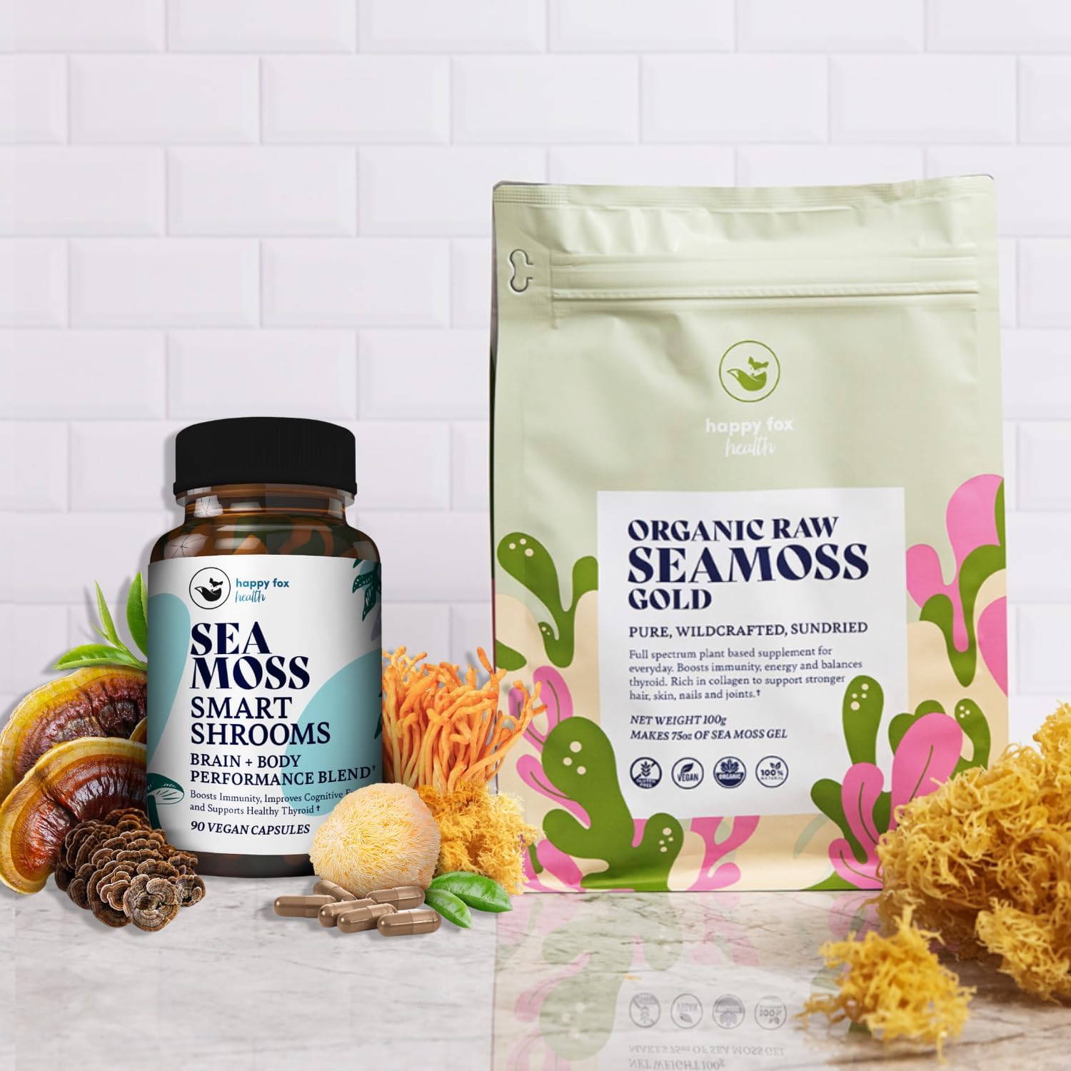 HAPPY FOX Organic Sea Moss - Gold  Smart Shrooms Combo Deal Organic for Homemade Seamoss Gel, Organic Irish Sea Moss Capsules  Mushroom Complex - Nootropic Brain Supplements for Memory and Focus