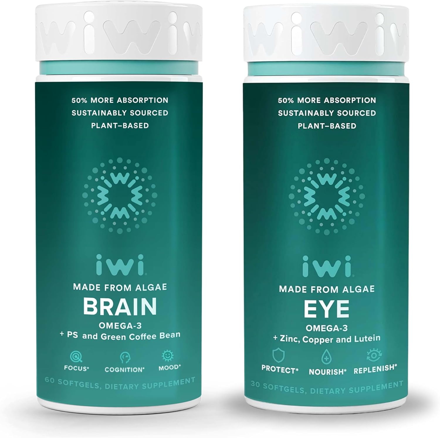 Iwi Life Brain  Eye Omega-3 Bundle, 30 Servings, Vegan Plant-Based Algae Omega 3 with EPA + DHA, Krill  Fish Oil Alternative, No Fishy Aftertaste