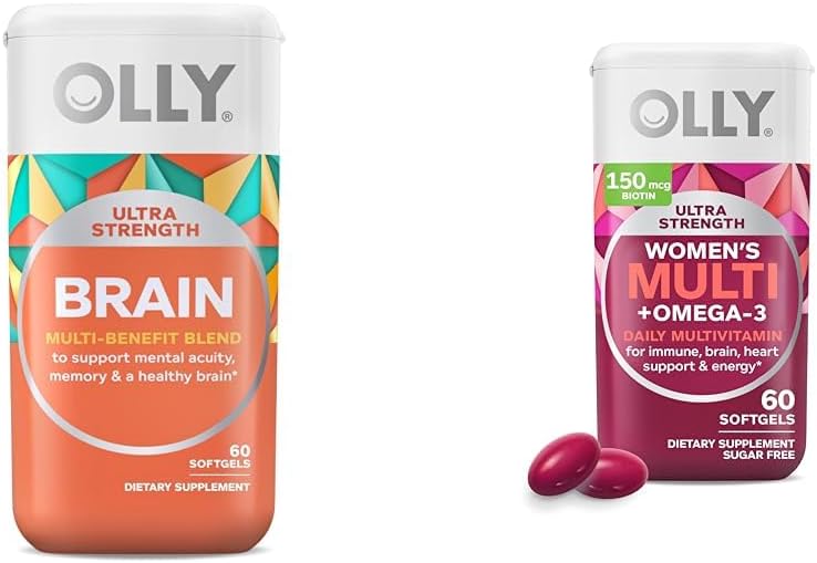 OLLY Ultra Strength Brain Softgels, Nootropic, Supports Healthy Brain Function, Memory, Focus  Ultra Womens Multi Softgels, Overall Health and Immune Support, Omega-3s, Iron, Vitamins A, D