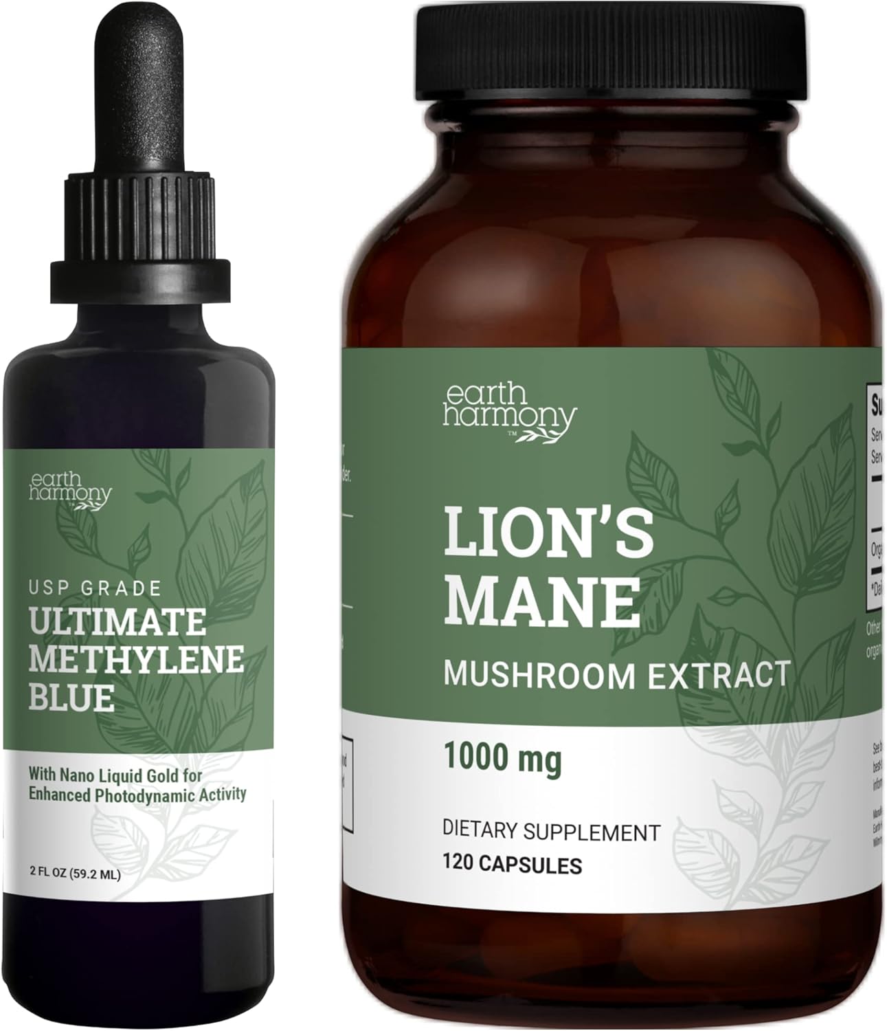 Earth Harmony Methylene Blue Pharmaceutical Grade  Lions Mane - 2 Fl Oz  120 Capsules