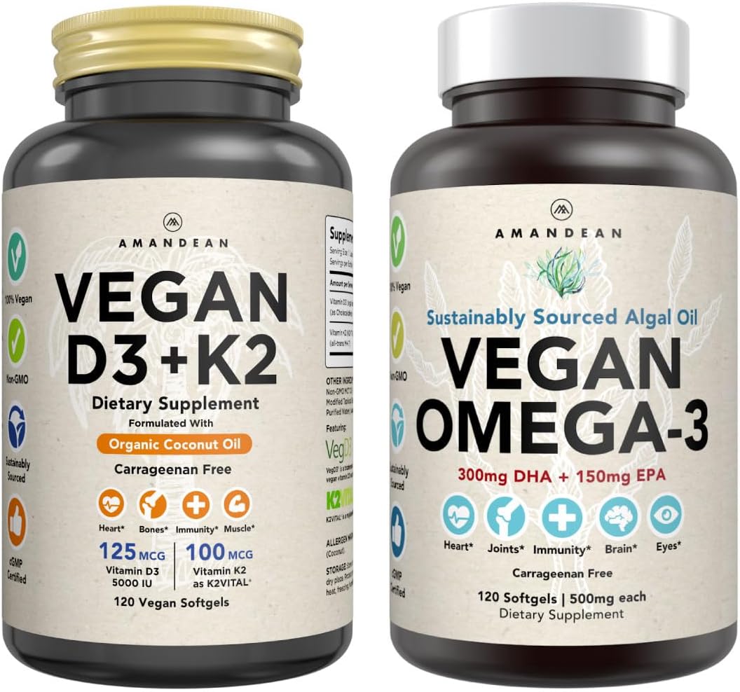 Vegan Powerhouse Combo. Omega-3 from Algal Oil  Vitamin D3 + K2. Plant-Based 5000 iu VIT D from Algae. 100 mcg All-Trans MK-7 Vita K. Carrageenan Free Veggie Softgels.