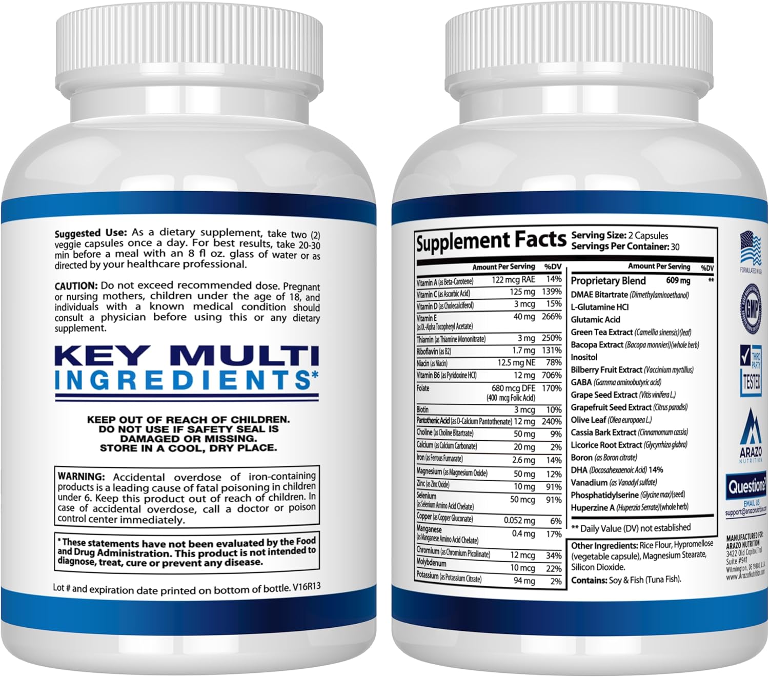 Arazo Nutrition Premium Brain Function Supplement – Memory, Focus, Clarity – Nootropic Booster with DMAE, Bacopa Monnieri, L-Glutamine, Multi Vitamins, Multi Minerals