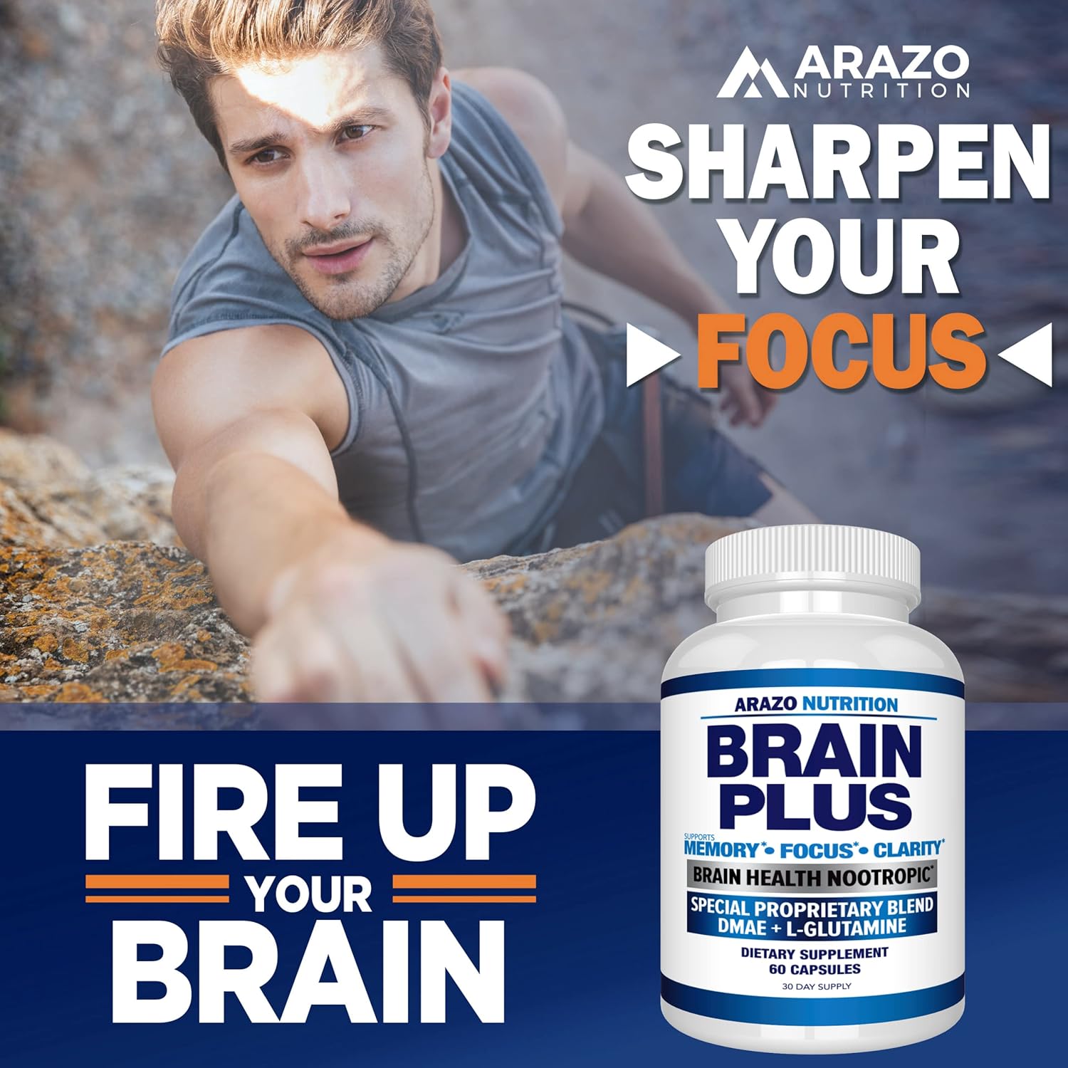 Arazo Nutrition Premium Brain Function Supplement – Memory, Focus, Clarity – Nootropic Booster with DMAE, Bacopa Monnieri, L-Glutamine, Multi Vitamins, Multi Minerals