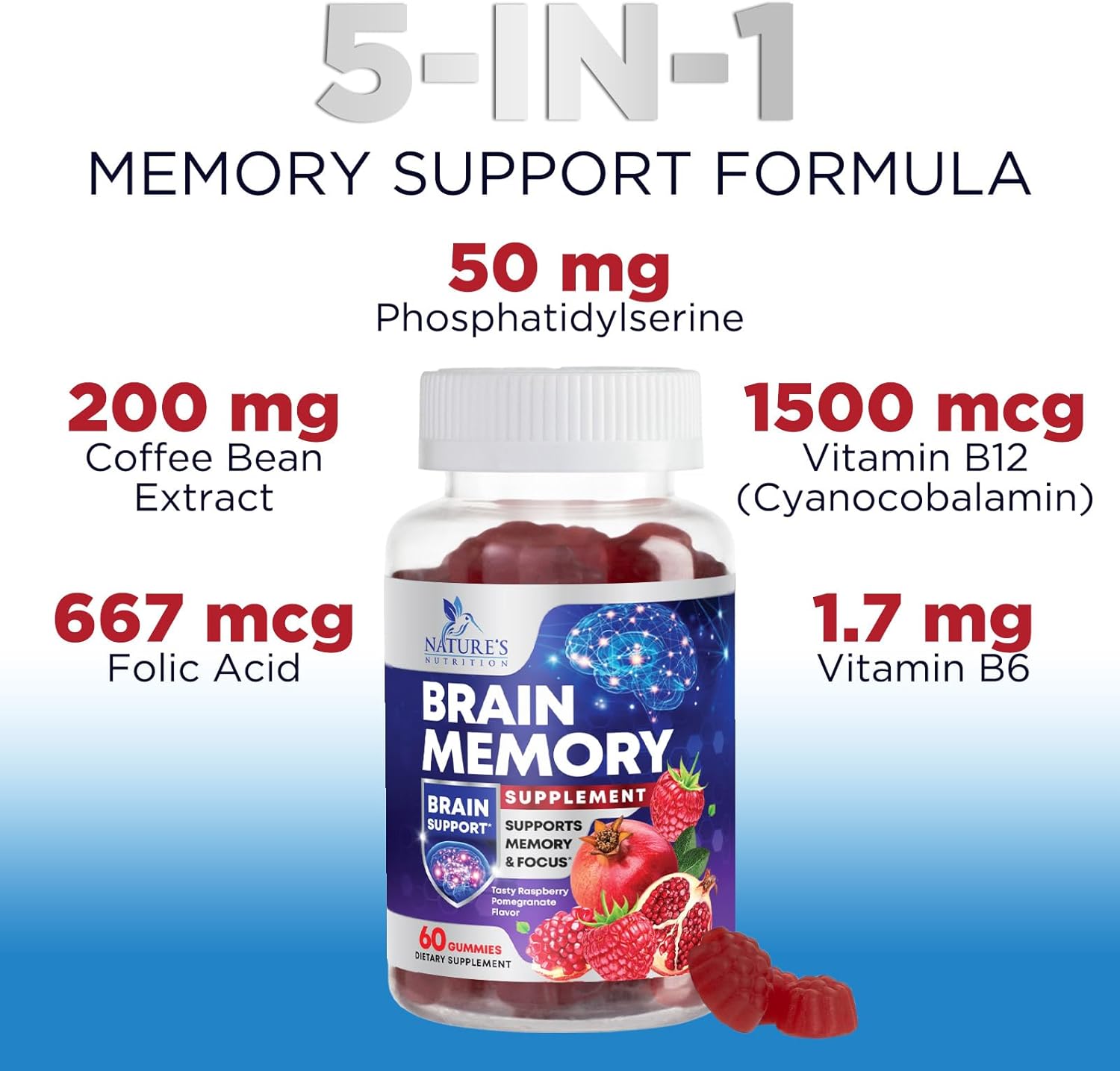 Brain Supplement Gummies for Concentration Memory  Focus Support - Brain Clarity Health with B6 B12, Phosphatidylserine, Coffee Extract, Nootropics Cognitive Vitamins for Adults - 60 Vegan Gummies