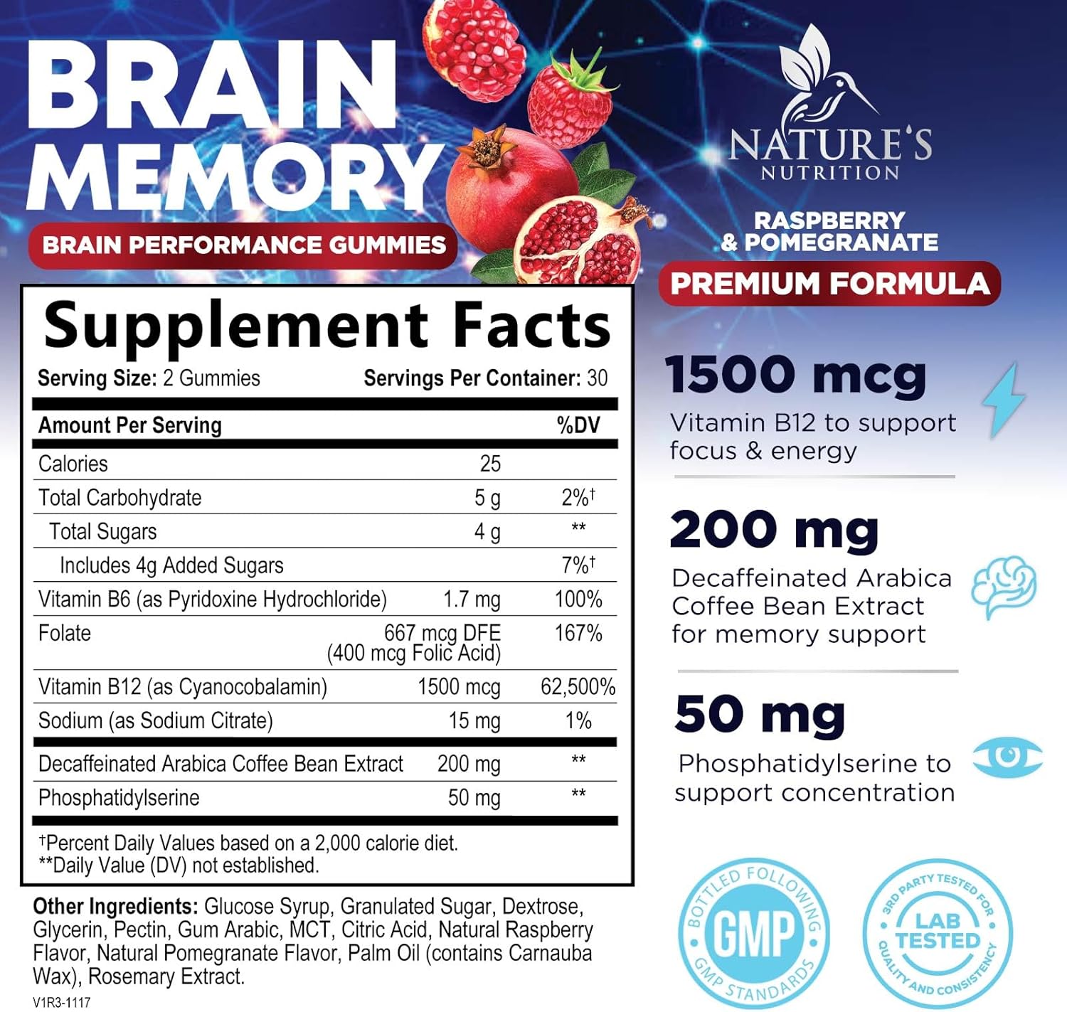 Brain Supplement Gummies for Concentration Memory  Focus Support - Brain Clarity Health with B6 B12, Phosphatidylserine, Coffee Extract, Nootropics Cognitive Vitamins for Adults - 60 Vegan Gummies