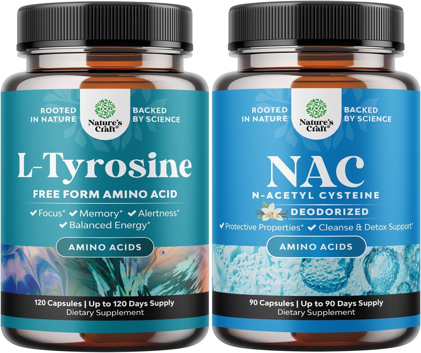 Bundle of Free Form L Tyrosine 500mg Capsules for Mental Energy and Focus Support and NAC Supplement N-Acetyl Cysteine 600mg for Liver Cleanse Detox Kidney Support Lung Health Immunity and Brain Suppl
