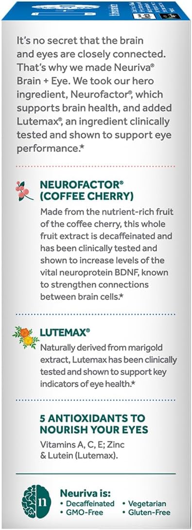NEURIVA Brain + Eye Supplement for Memory, Focus  Concentration with Clinically Tested Lutein and Zeaxanthin, Vitamins A C  E + Zinc for Eye Health  Filter Blue Light 30 Count Capsules (2 Pack)