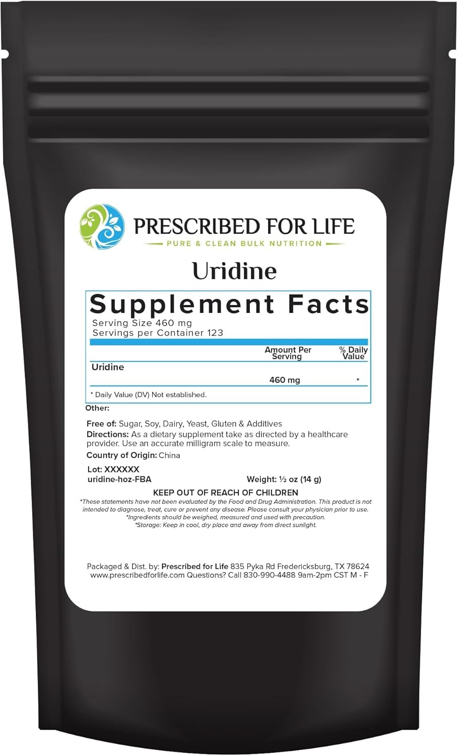Prescribed For Life Uridine, Pure Uridine Monophosphate Powder, Nootropic Supplement for Memory, Clarity,  Focus, No Fillers, No Additives, Vegan, Non GMO (1oz / 28g)