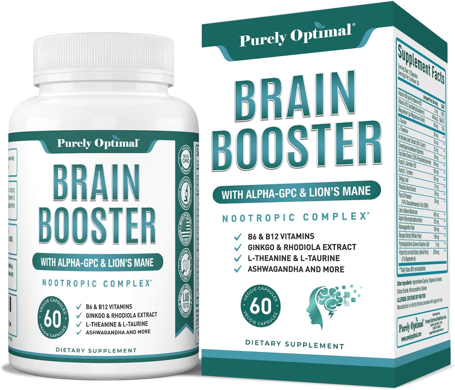 Purely Optimal Brain Supplement for Memory and Focus - Nootropic Support with Lion’s Mane, Alpha-GPC, Ginko Biloba,  Bacopa Monnieri - 60 Capsules