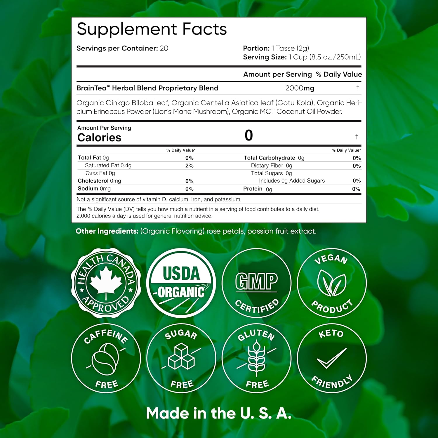 Brain Tea Focus  Memory - Organic Certified 4-in-1 Nootropic Brain Supplement with Ginkgo Biloba, Gotu Kola, Lion’s Mane Mushroom and MCT - Caffeine-Free Herbal Tea for Mental Clarity (30 Sachets)