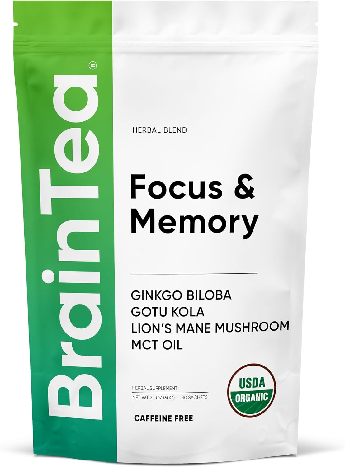 Brain Tea Focus  Memory - Organic Certified 4-in-1 Nootropic Brain Supplement with Ginkgo Biloba, Gotu Kola, Lion’s Mane Mushroom and MCT - Caffeine-Free Herbal Tea for Mental Clarity (30 Sachets)