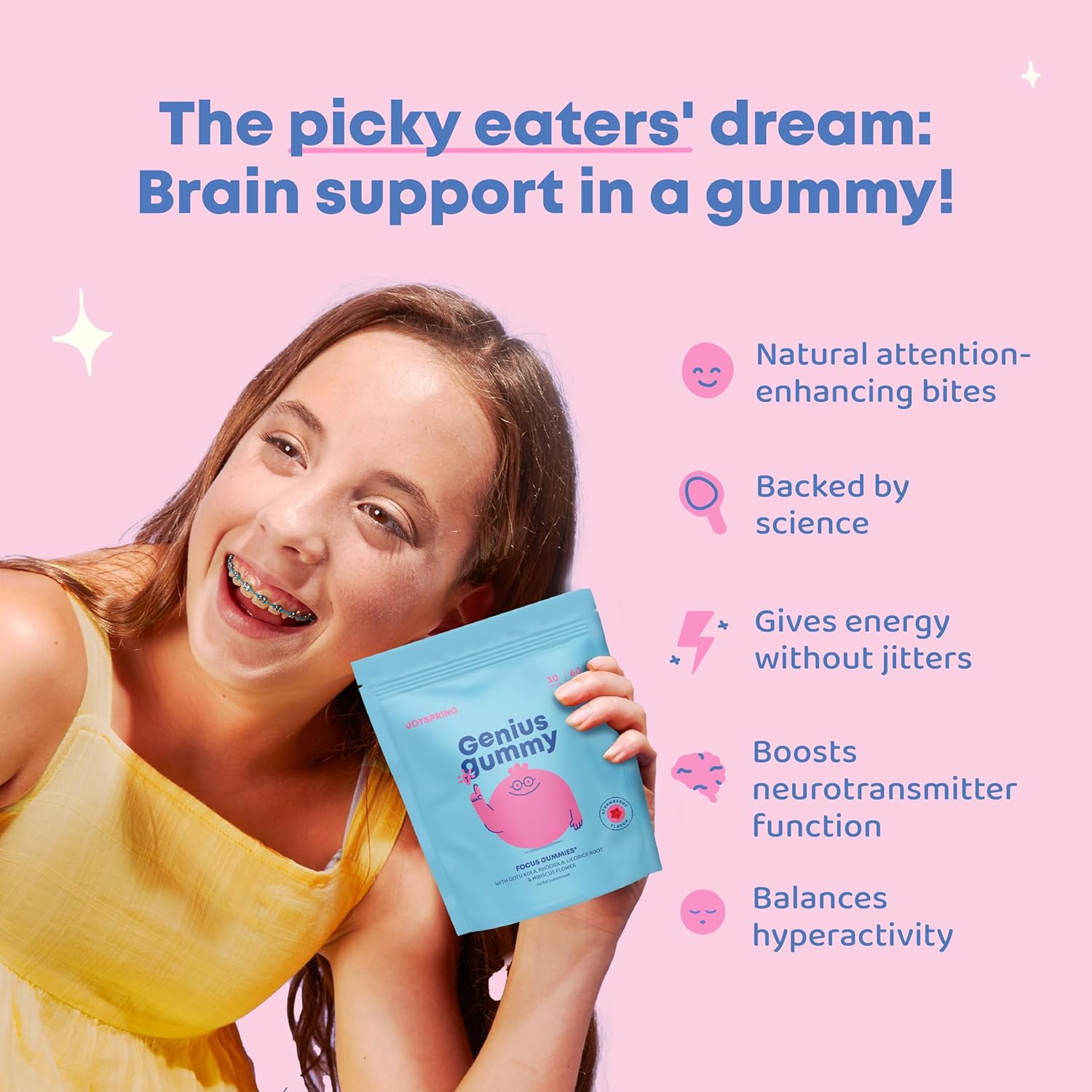 JoySpring Genius Kids Focus Gummies – Natural Herbal Brain Supplement for Kids | Vegan, Gluten-Free, Sugar-Free with Bacopa, Gotu Kola, Rhodiola – 60 Count