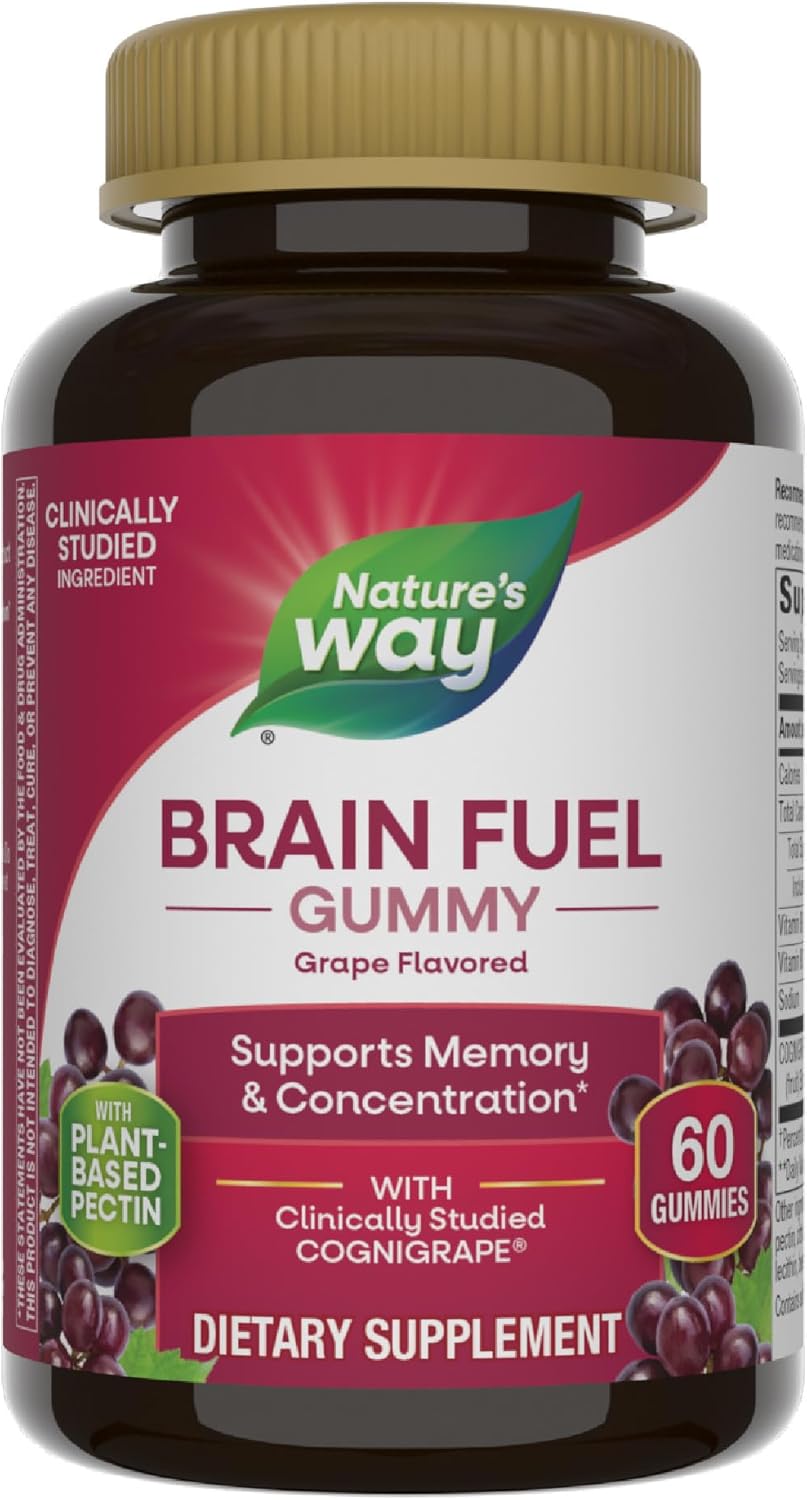 Natures Way Brain Fuel, Supports Memory and Concentration*, Clinically Studied Cognigrape®, 60 Gummies, Grape Flavored