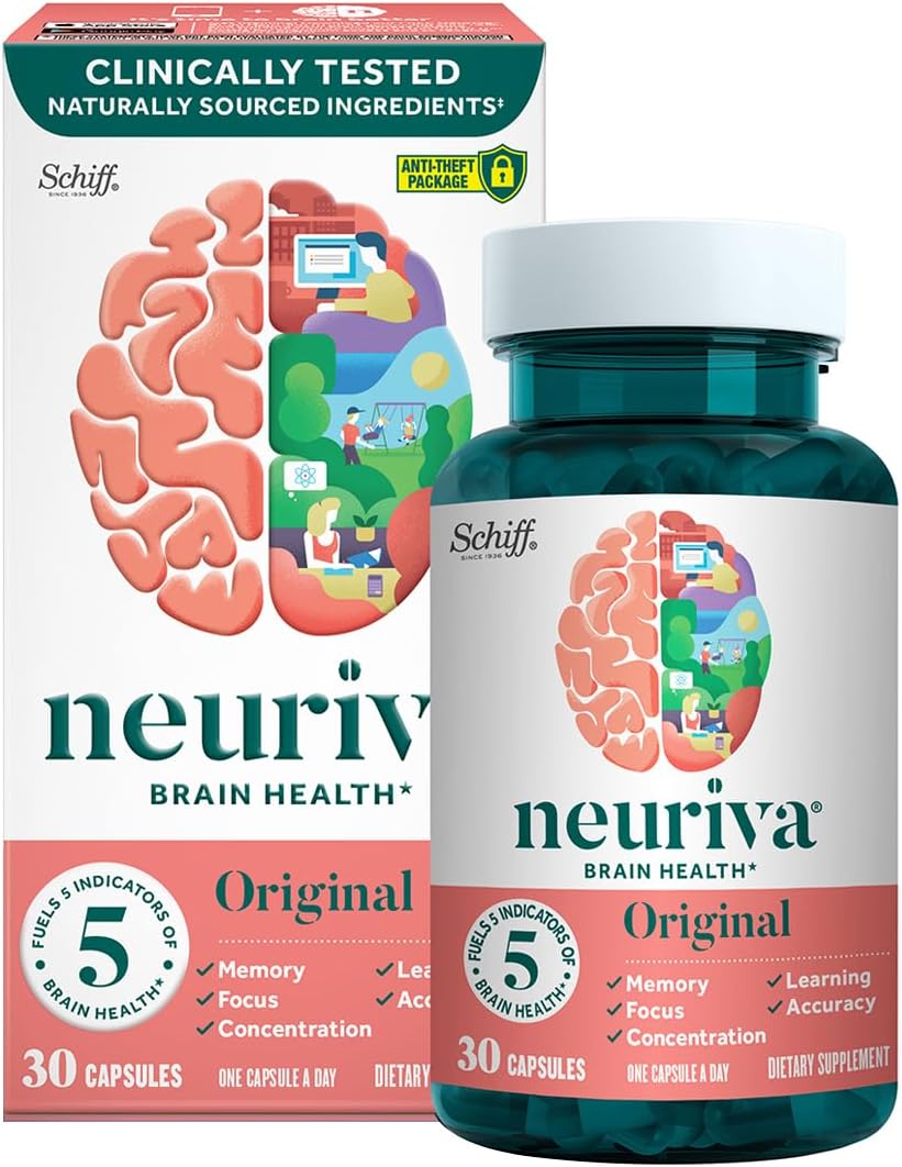 NEURIVA Original Brain Supplement for Memory, Focus  Concentration + Learning  Accuracy with Clinically Tested Nootropics Phosphatidylserine and Neurofactor, Caffeine Free, 30 Capsules (2 Pack)