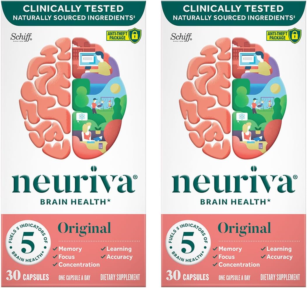 NEURIVA Original Brain Supplement for Memory, Focus  Concentration + Learning  Accuracy with Clinically Tested Nootropics Phosphatidylserine and Neurofactor, Caffeine Free, 30 Capsules (2 Pack)