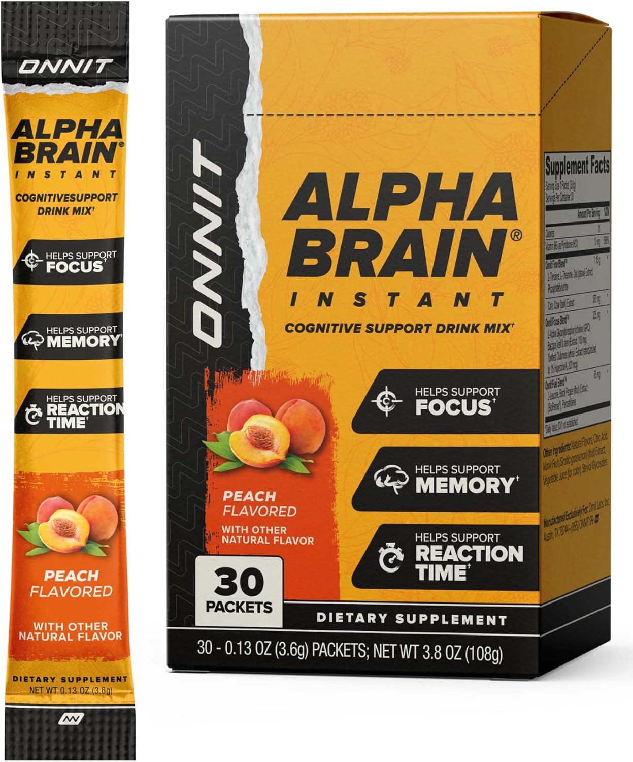 ONNIT Alpha Brain Instant Peach Flavor - Nootropic Brain Booster Memory Supplement - for Focus, Energy  Clarity - Alpha GPC Choline, Cats Claw, L-Theanine, Bacopa - 30ct