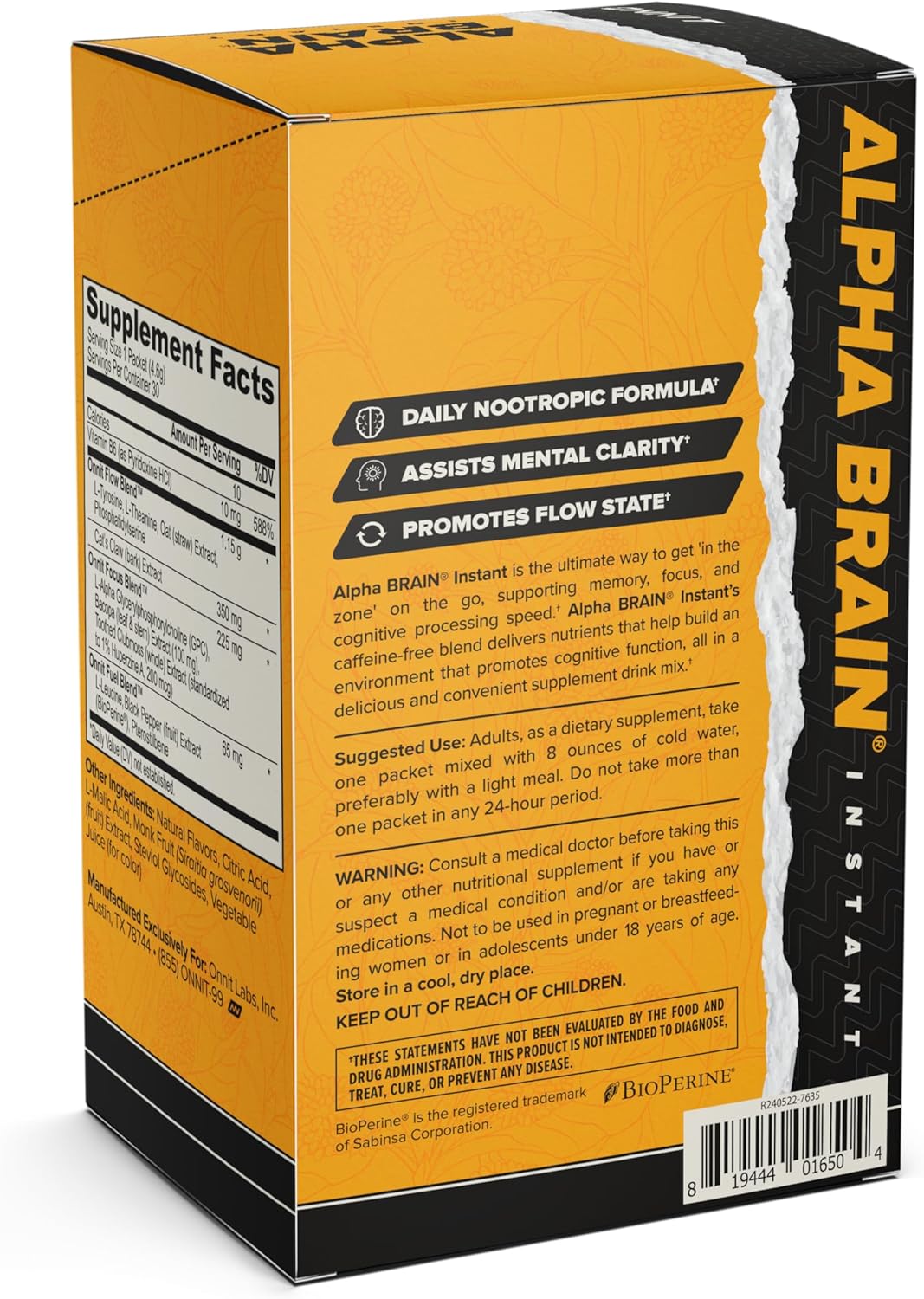 ONNIT Alpha Brain Instant Peach Flavor - Nootropic Brain Booster Memory Supplement - for Focus, Energy  Clarity - Alpha GPC Choline, Cats Claw, L-Theanine, Bacopa - 30ct