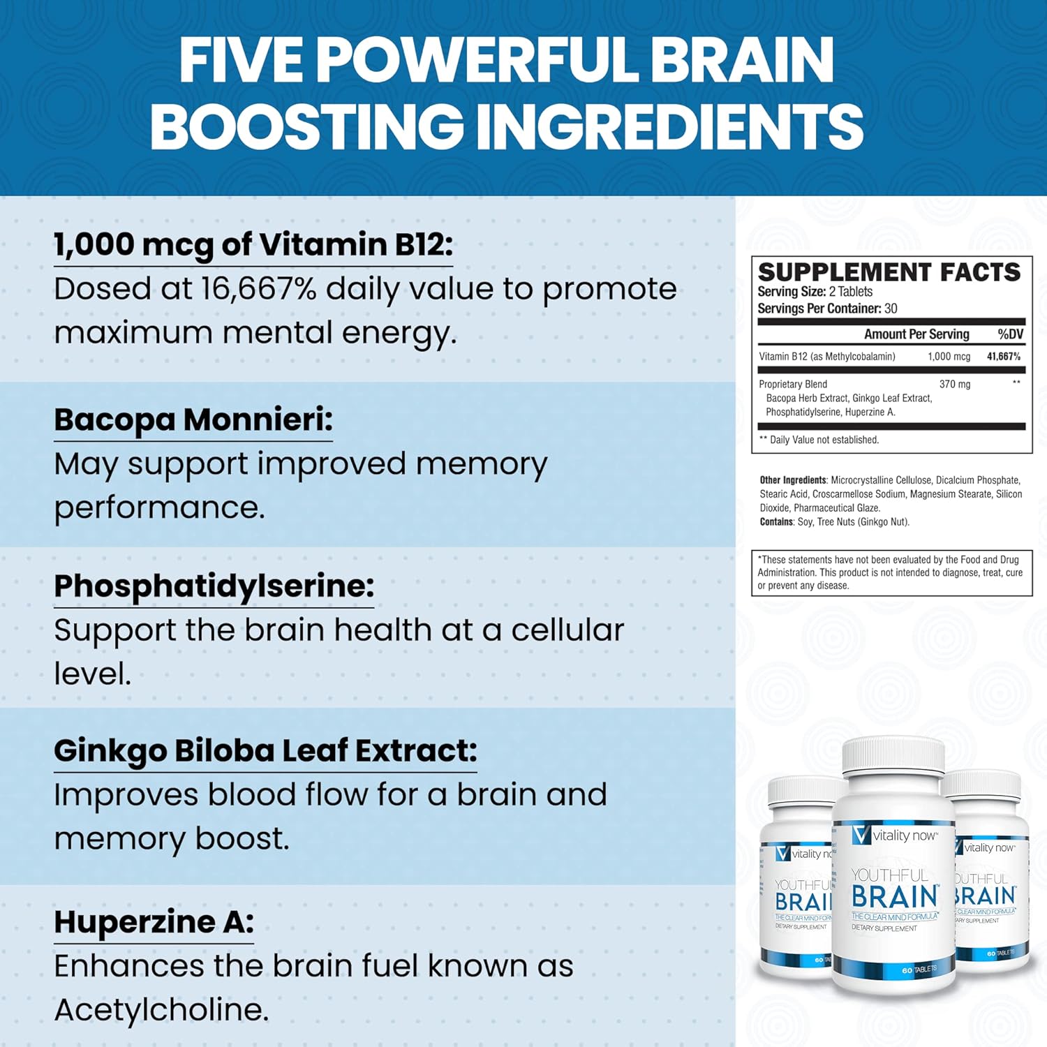 Youthful Brain 2 Bottle Bundle - Memory  Brain Health Support Supplement - Brain Booster Clarity with Bacopa Monnieri, Ginkgo Biloba, B12-60-Day Supply (120 Count)