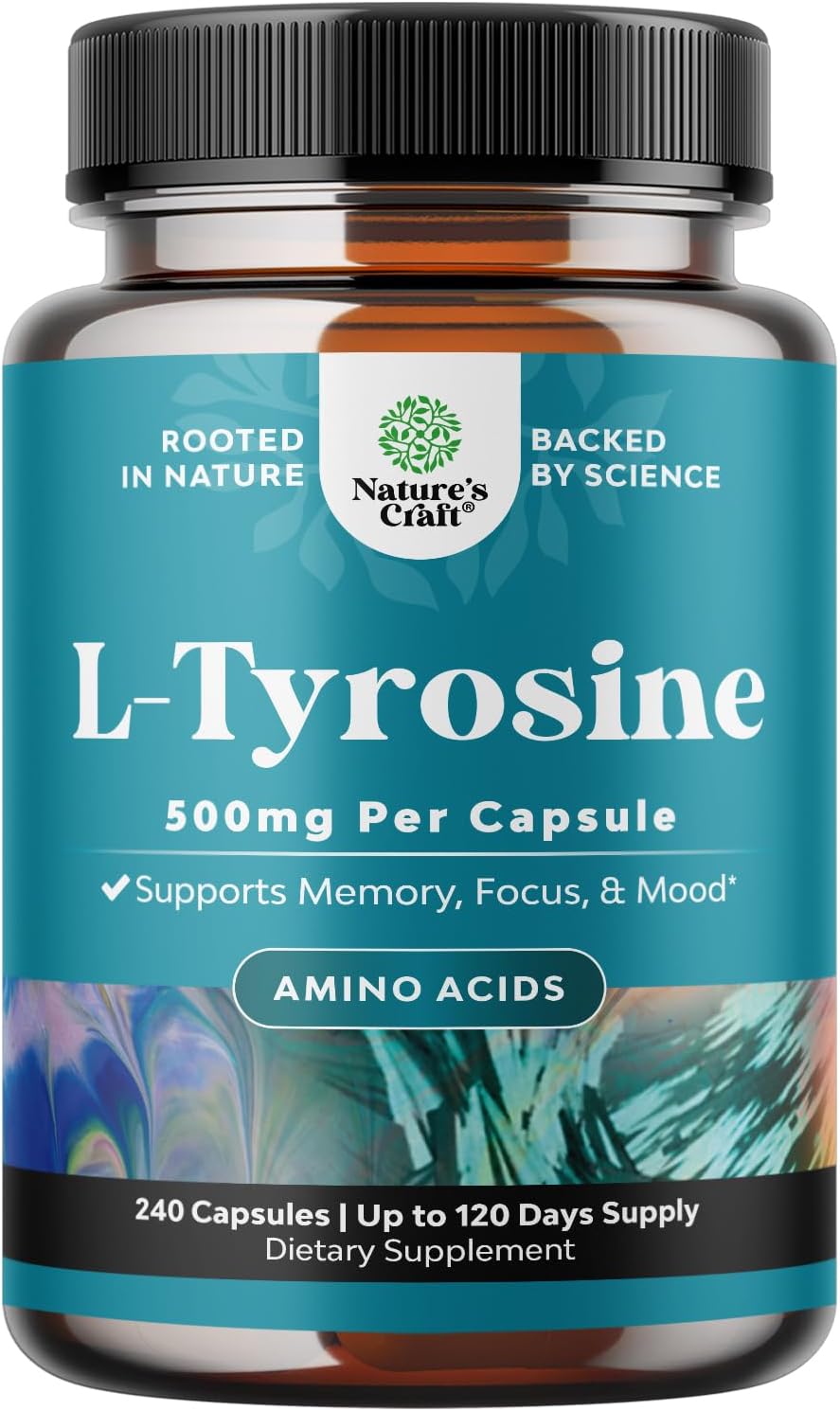 Free Form L Tyrosine 500mg Capsules - High Strength L-Tyrosine Supplement for Mental Energy and Focus Support - Amino Acid Nootropic Supplement for Mood Focus Attention and Cognitive Performance