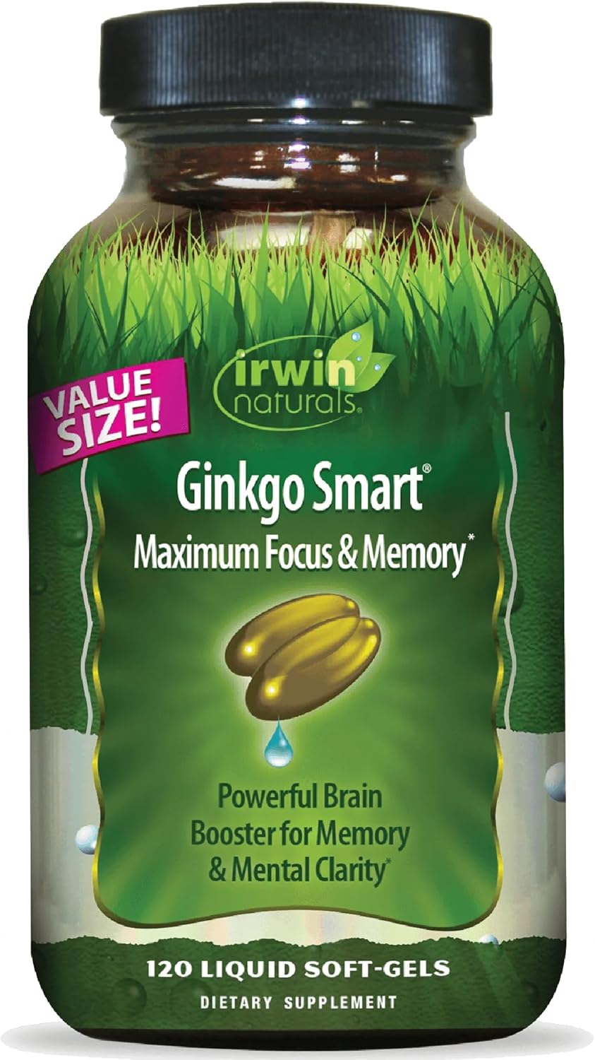 Irwin Naturals Ginkgo Smart Maximum Focus  Memory – Brain Supplement with Ginkgo Biloba, Acetyl-L-Carnitine, DMAE – Liquid Soft-Gels with BioPerine® for Superior Absorption – 120 Count